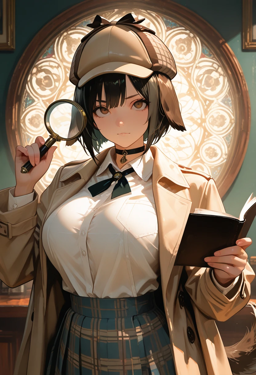 masterpiece, source_hentai, best quality, amazing quality, very aesthetic, high resolution, ultra-detailed, lighting, colorful, absurdres, newest,Dog Detective,
Expressive eyes, Upper body, Detailed face, Beautiful face, Legs, One girl, Short hair, Dark hair, Dog girl, Big breasts, Thighs, White shirt with ribbon tie, Checked skirt, Beige trench coat, Deerstalker, Dynamic pose, (holding magnifying glass, Small notebook), Choker, (holding magnifying glass, Small notebook) dog ears, dog tail, brown eyes , dynamic lighting, cinematic lighting, 19th century London background,. 
(Large Digital Artwork), (Detail Cartoon Illustration), (Detail Line Drawing), (( Perfect Anatomy)), (Complex Detail:1.3), (Super Detail:1.3), ( Illustration:1.3), ( Focus:1.3), ( Natural Light:1.05),  