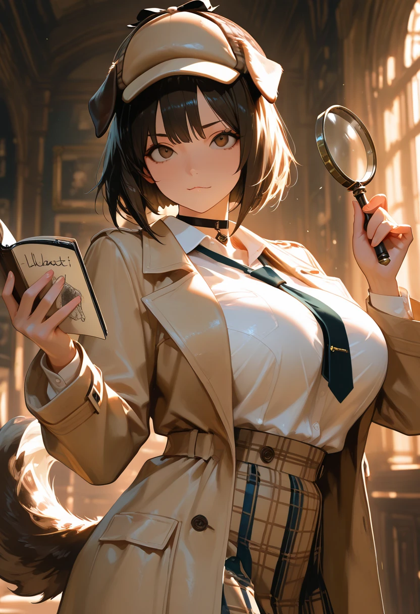 masterpiece, source_hentai, best quality, amazing quality, very aesthetic, high resolution, ultra-detailed, lighting, colorful, absurdres, newest,Dog Detective,
Expressive eyes, Upper body, Detailed face, Beautiful face, Legs, One girl, Short hair, Dark hair, Dog girl, Big breasts, Thighs, White shirt with ribbon tie, Checked skirt, Beige trench coat, Deerstalker, Dynamic pose, (holding magnifying glass, Small notebook), Choker, (holding magnifying glass, Small notebook) dog ears, dog tail, brown eyes , dynamic lighting, cinematic lighting, 19th century London background,. 
(Large Digital Artwork), (Detail Cartoon Illustration), (Detail Line Drawing), (( Perfect Anatomy)), (Complex Detail:1.3), (Super Detail:1.3), ( Illustration:1.3), ( Focus:1.3), ( Natural Light:1.05),  