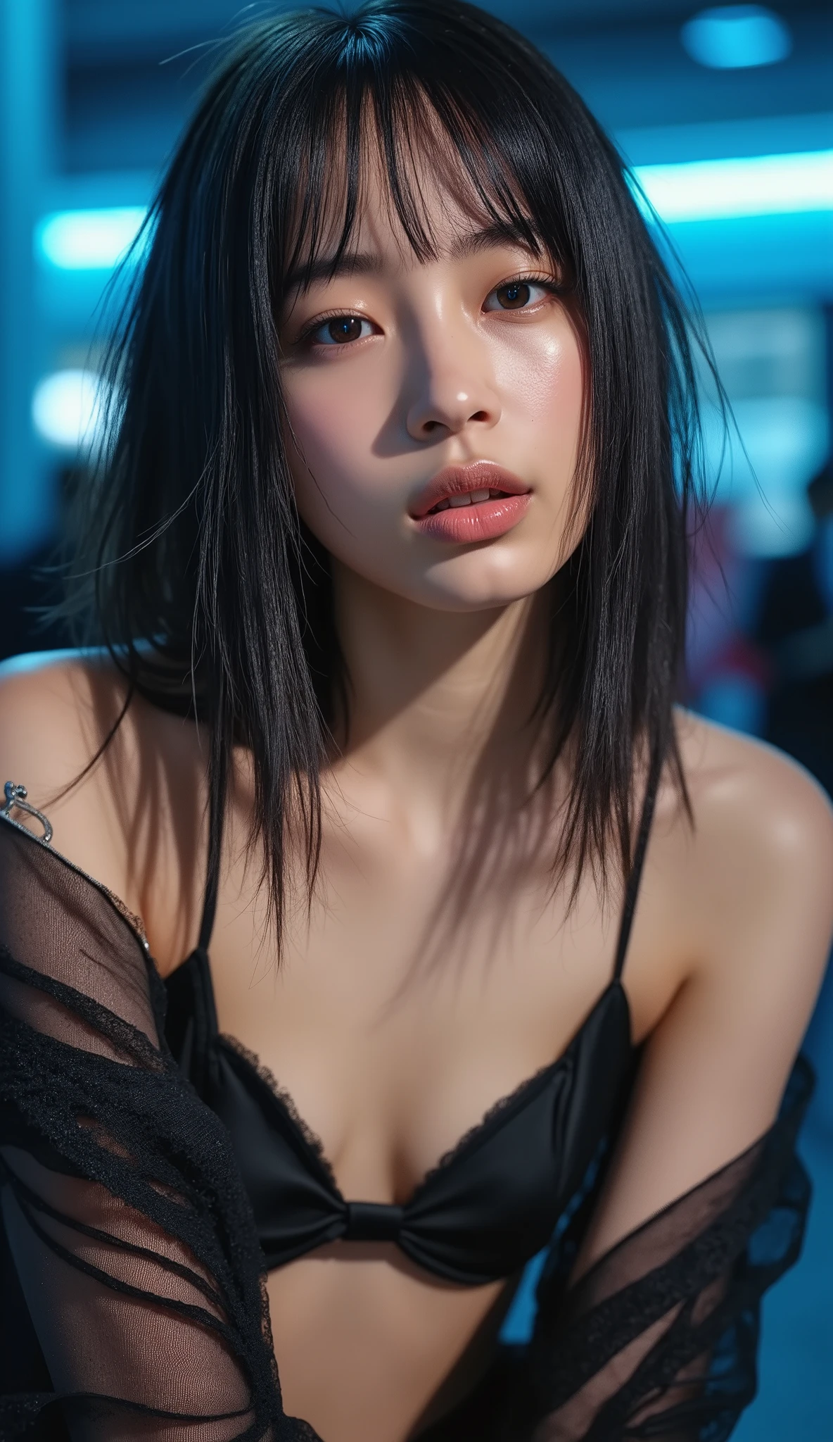 ((whole body))、ミディアムヘア、masterpiece:1.3、( Photo by names :1.4), by names Detailsed , Textured Skin 、 high res,bokeh, Details、( masterpiece:1.3), Verism、(8k, by names , RAW Photo, Max Image Quality: 1.4), ( hairstyle is random :1.2)、( Highly Detailsed faces)、 double eyelids with both elbows bent 、((whole body:1.6)), One woman、 beautiful woman:1. 4,2. woman、 Slender Perfect Body , Long hair that reaches down to the chest 、 masterpiece, top quality ,ultra high res、 five fingers 、( by names :1.4) 、 left and right name color 、 The face is very by names 、Photo level、8k 、 full Max Image Quality、Sebaceous reflex、 The face is very by names 、hyper by names skin 、 by names light and shadow effects、(( blue hour light )),(( dim lighting, soft lighting )),(Pure and elegant),(( moody lighting )),((( Beautiful Thighs))),(( knight :1.5)),((tunnel)), gothic makeup ,dark makeup,(( Messy Hair)),(( hairstyle is random )),((Gray hair color))、(( graffiti art by Mr. names )),( blurry background),((gothic)),( panties ),(( sexy pose))、(( Breasts Are Visible 、Transparent cardigan、 female anthro ))、 shopping mall for women 、 Beautiful Thighs、 Crouch