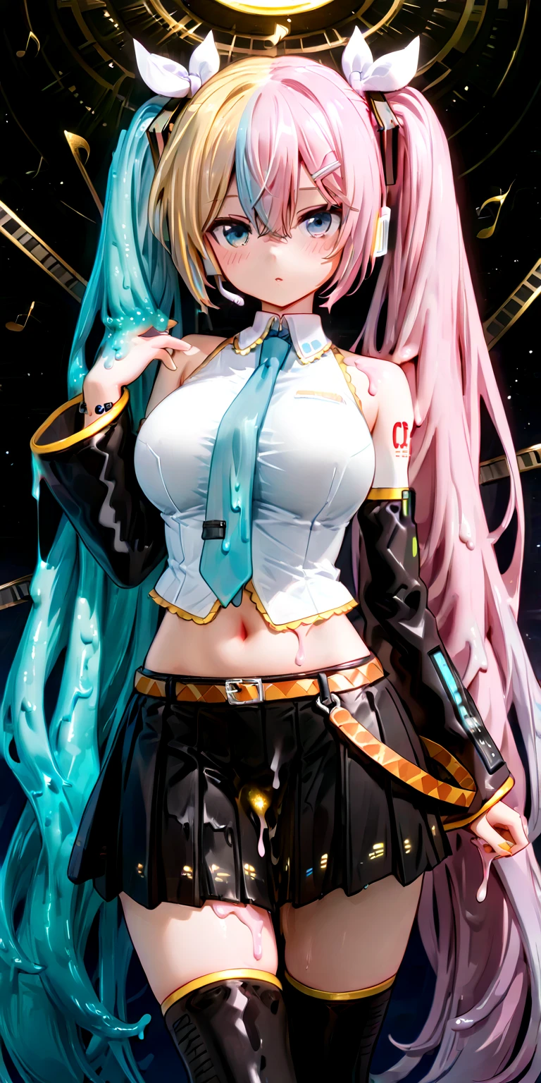 masterpiece, best quality, 1girl, 17 yo's, 2 toned dark green hair, extremely gigantic long ponytail hair, blue eyes, cowboy shot, pink skirt, miniskirt, torn clothes, zettai ryouiki, torn white thighhighs