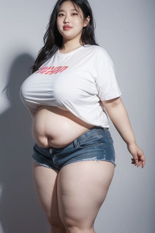 Femme très grosse, profil, debout de profil , Makima, bbwchan, cheveux rouges et yeux jaunes, double menton, elle carresse son gros ventre mou et rebondi, full belly, aftermath, gros ventre rond, en forme de boule sous le jean taille haute. Elle porte un jean taille très haute et un haut en dentelle, belle lumière sur elle, magnifique femme obese