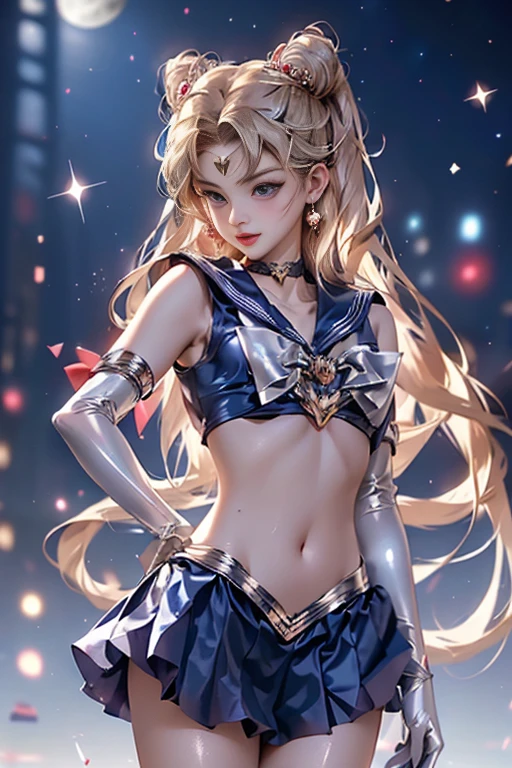 Uma masterpice、Melhor Qualidade、(1 menina)、(A Lua do Marinheiro:1.3)、In the night sky、luar、in the nighttime、Luva Branca、olhos azuis、galaxy background、bikini azul escuro:1.3,Branco:1.4, Colarinho azul escuro:1.1,busto grande:1.2,Leite rico:1.2 cabelos loiros:1.2,Red ribbon、um sorriso,adornos de cabelo、red bow、Broche、heart brooch:1.2、brinco、crescente、heart necklace、Heart Mark、cabelos extra muito longos、Brincos crescentee、Tiaras、Colar Amarelo、Botas Longas crescente、Botas vermelhas para joelhos:1.1、pernas longas.