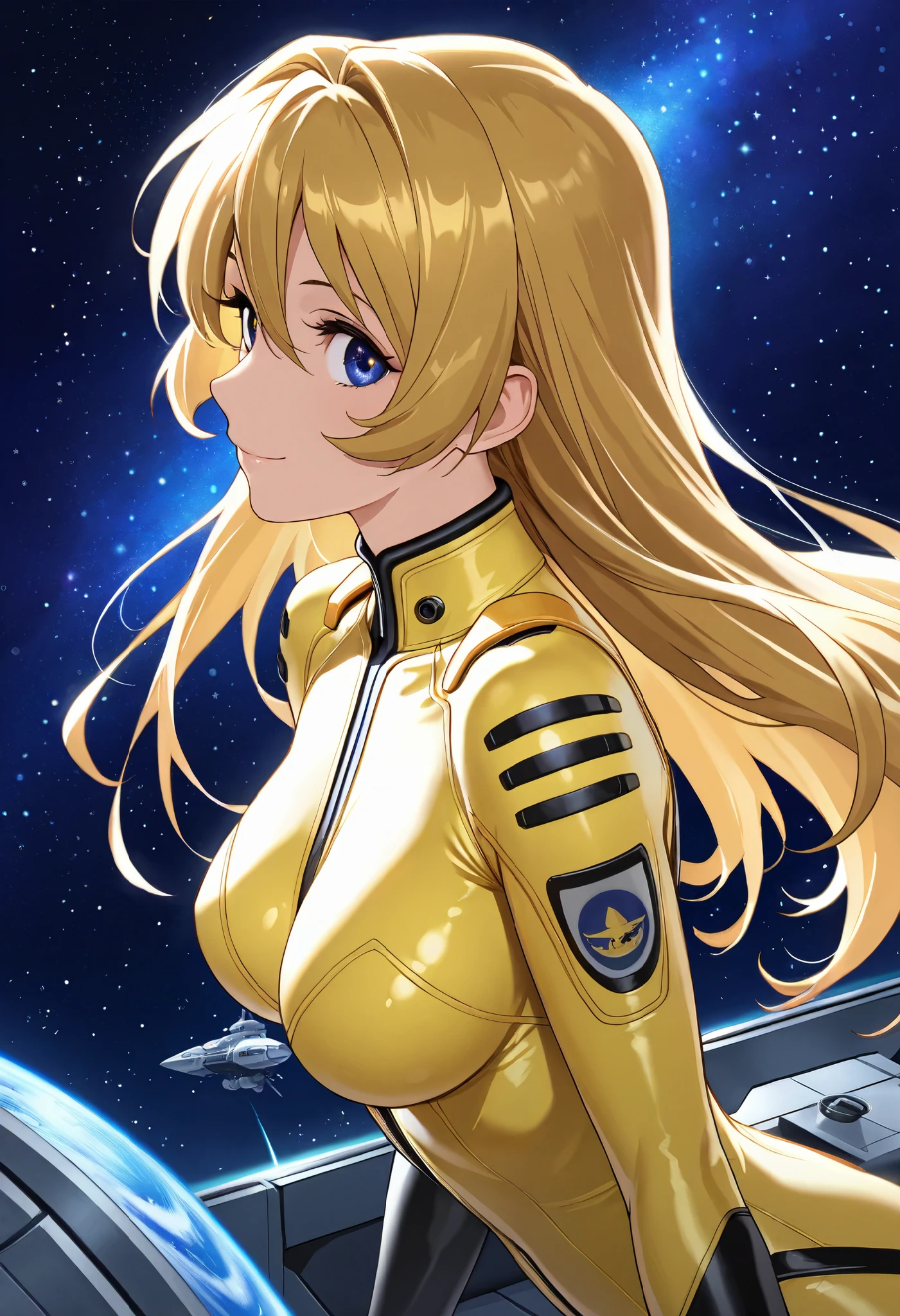 (masterpiece, best quality), , 1girl, fyuk1, solo, yellow_bodysuit, smile, , looking at viewer, (black starry space), spacecraft, profile, night, beautiful lighting, starry, profile, 200mm,