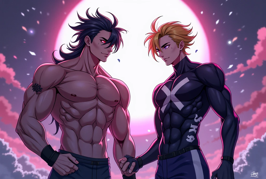 Hold the pose, but draw with flat colors, cel shading, limited color palette and simplified lighting. The body must be muscular and athletic.