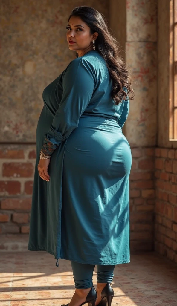 1 chinese-Indonesian girl, modern plain hijab, shy, medium portrait, watery eyes, wearing blue dark green kebaya, ((big breasts)), black bokeh background, well-proportioned body,, chubby massive thighs, full body pose, Hena art on the body, hena art on arms, full body view , wearing red sneakers , fat legs