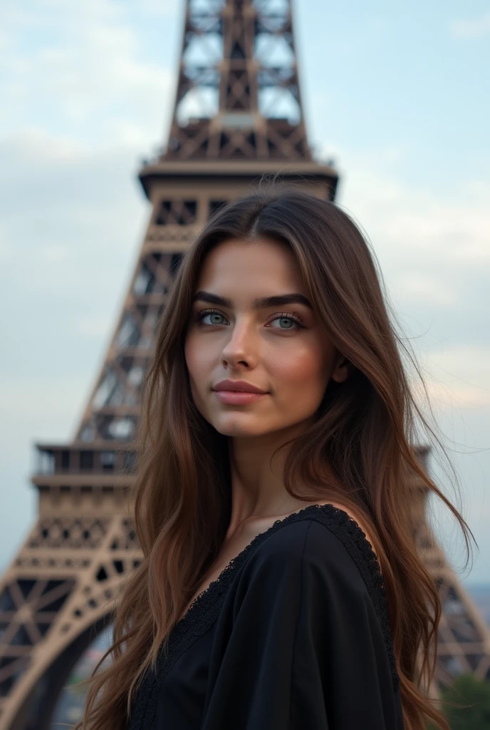 Beautiful girl with long wavy hair, yeux verts. She has tanned skin and is cute. pose devant la Tour Eiffel ultra réaliste. 4K