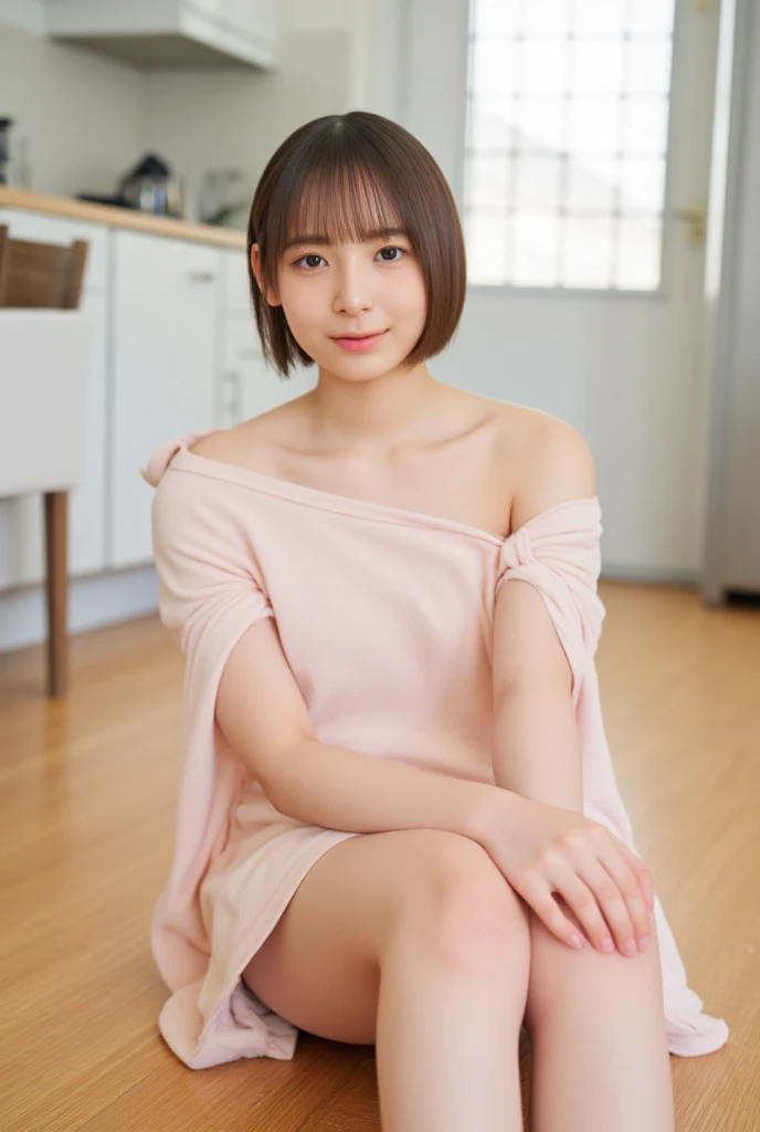 (Best-quality, Masterpiece, Ultra-High-Resolution, (Photorealistic:1.4), Raw Photo, depth of field, professional lighting, perfect anatomy, extremely details), 1girl, -yeld, thost famous Japanese idol, ((sitting on chair in kitchen, showing crotch, panty shot)), (wearing sleeveless casual-dress with cute-design), (looking at viewer), (innocent smile), (extremely cute face like the most popular Japanese idol, ((extremely cute and extremely big round-eyes)), extremely cute hair), ((((extremely beautiful and extremely realistic skins)))), extremely cute long-eyelashes, extremely cute lips, extremely childish body