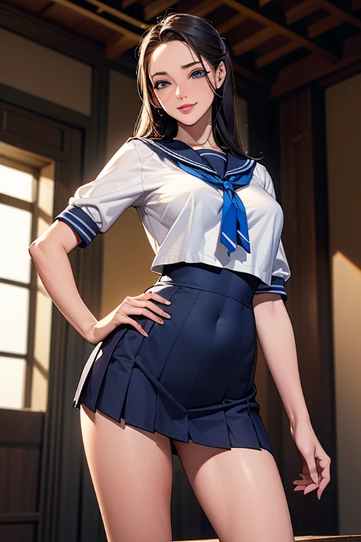 1girl in, 独奏,high-level image quality , light blue short hair, a sailor suit,cleavage of the breast, large full breasts, a miniskirt,underpants ,