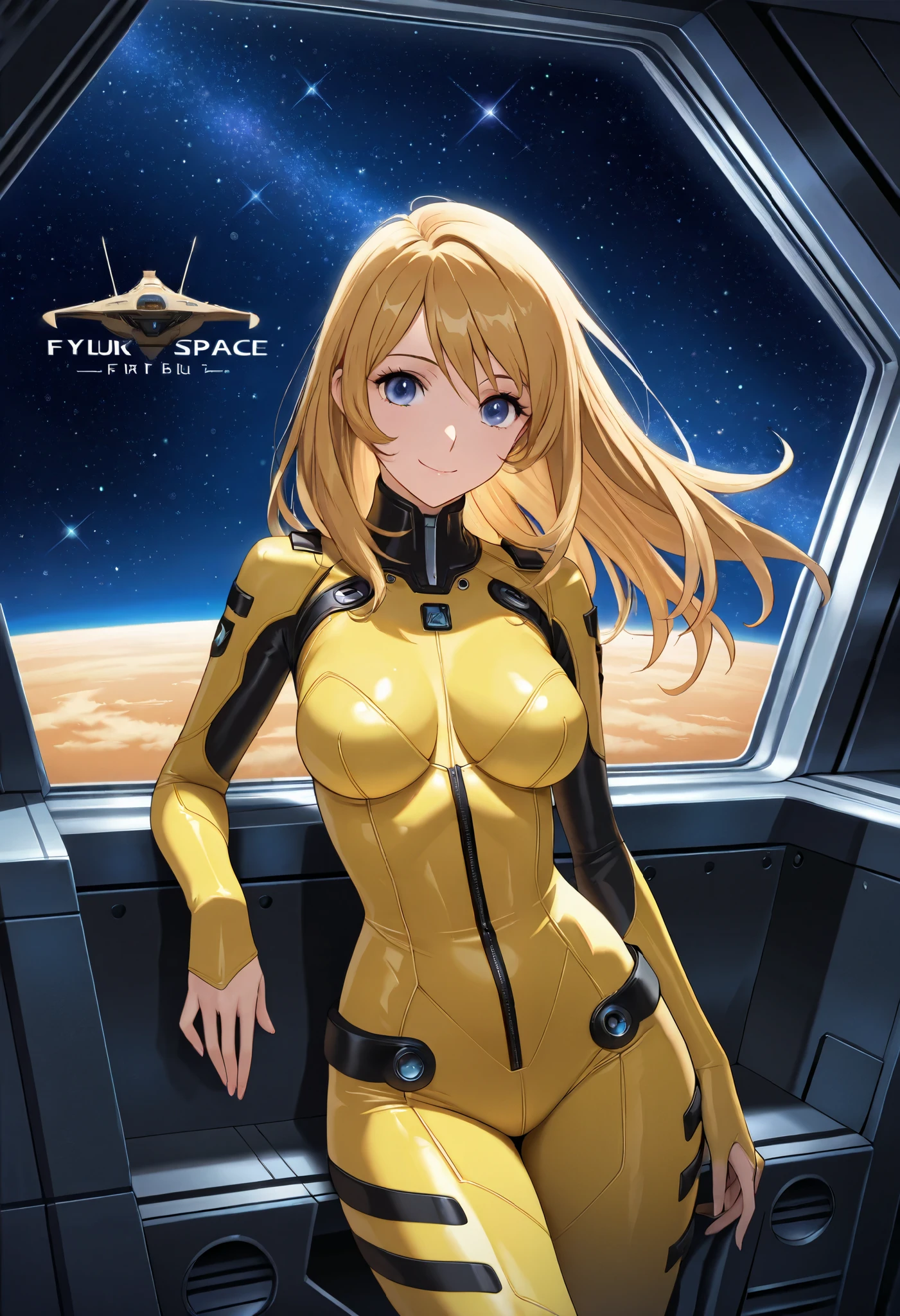 highest quality, masterpiece, One girl , Yuki Mori Blonde hair Yellow bodysuit Skin-tight belt, Spacesuit, Spaceship,  