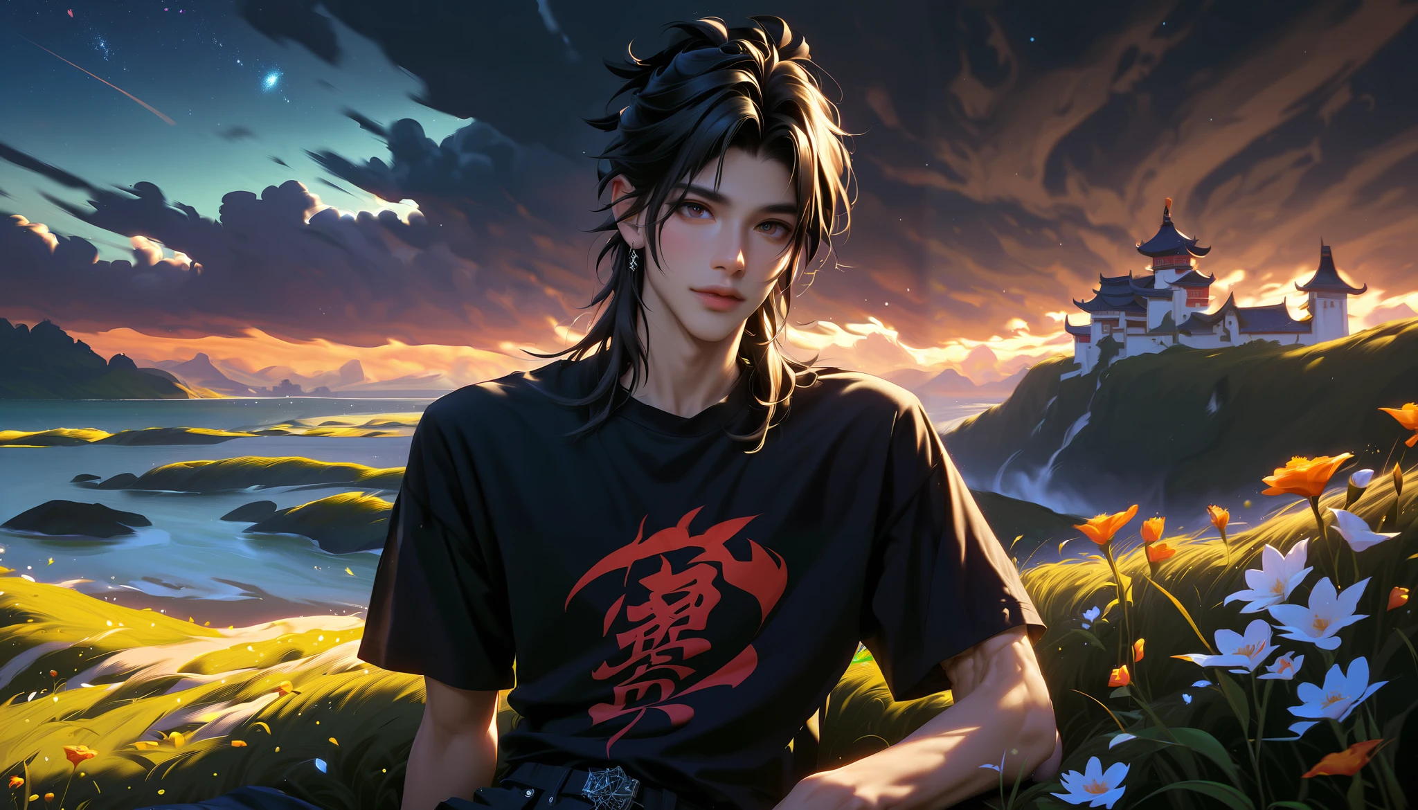 a skinny chinese boy, 20 years old, is in a fantasy town sitting down watching the landscape with a castle, he has long black hair, slim boy, skinny abs, completely naked, wearing only the t-shirt and showing his penis with few pubic hair, sweet facial expressions, warm light details of the sea landscape. romantic view of the surreal valley surrounded by the mountains and flowers with dark clouds while stars and a stunning galaxy is visible on the night sky.