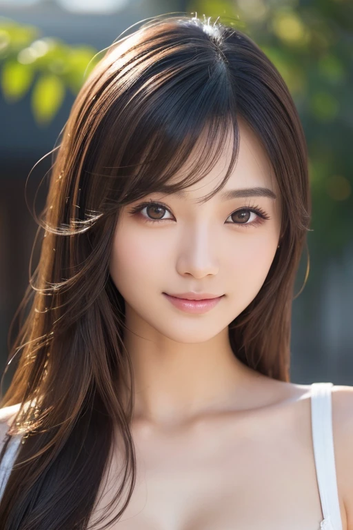 upperbody shot、front-facing view、a Japanese young pretty woman、Gentle face、hyper cute face、shiny lips、Double eyelids in both eyes、Natural makeup, Smile, long eyelashes are bright, Bob Hair Tweeny Smooth Light Brown Hair、Hair swaying in the wind, asymmetrical bangs、Headframe、image in center、8K、high detailing、detailed hairstyle、A detailed face、spectacular movie lighting、octane renderings、with a vibrant、Ultra-realistic、Perfect limbs、perfect anatomia