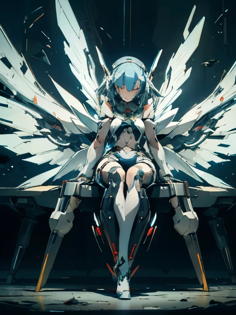 Cyborg girl, suspended from a machine by tubes, about a third of her skin remaining, mechanical wings, robotic legs, no arms, tattered, dark room, sitting, front view, all white