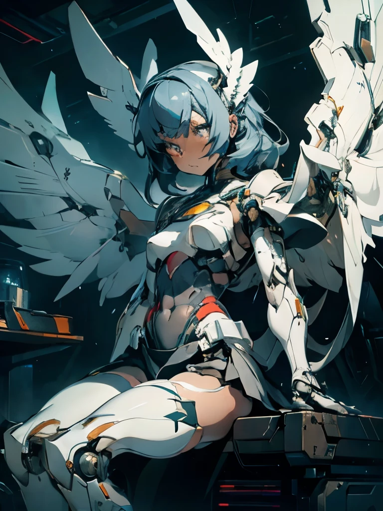 Cyborg girl, suspended from a machine by tubes, about a third of her skin remaining, mechanical wings, robotic legs, no arms, tattered, dark room, sitting, front view, all white