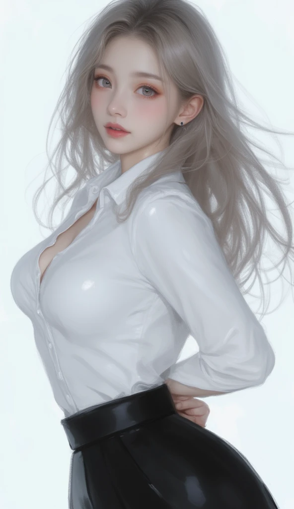 realistic, High resolution, soft light,1 female, alone, hip up, glowing skin, (detailed face),tattoo, jewelry, secretary clothes, white shirt, black skirt, black stockings, garter belt, night, blonde hair, wavy hair, Beautiful Soldier, Eyes that invite the viewer, spouse'point of view, attractive appearance, sexy smile, perfect style, perfect balance, fine skin, naughty look, I can see your breasts