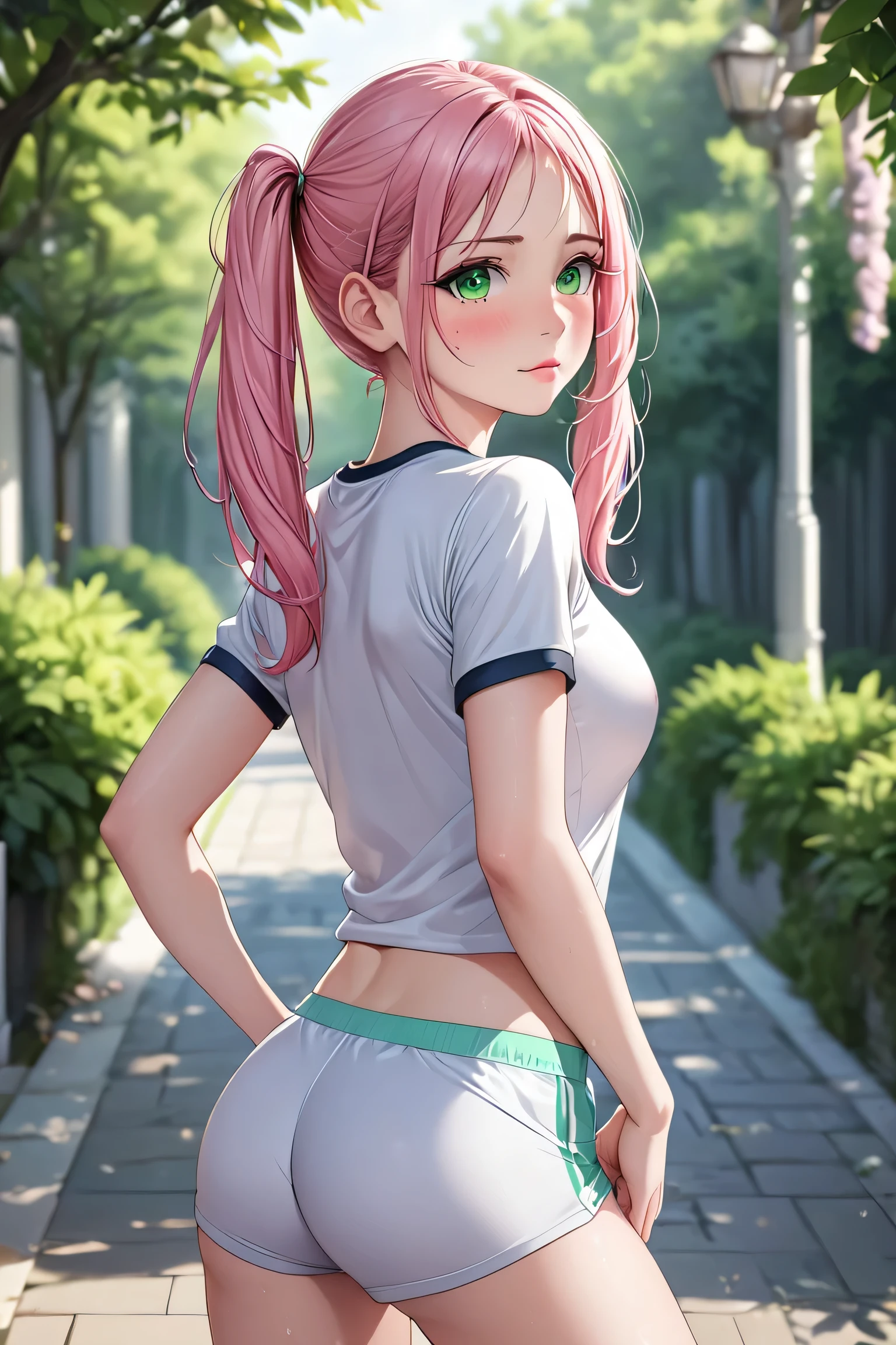 Ultra realistic 6 year old girl, pigtail hair pink, top small breasts, sexy, smug face, sonrisa, posando, school gym, back view, voltea mirando hacia el frente, mojada, sudada, concentrada, caida