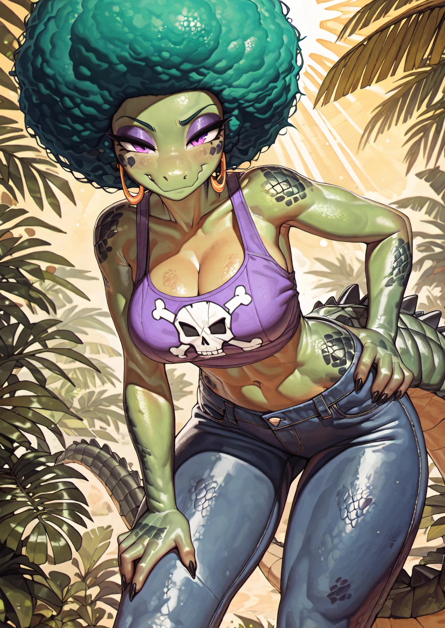 ((kalypso)), ((Pixelsketcher)), ((masterpiece)), ((high resolution)), ((solo portrait)), {(scalie), (alligator), (athletic figure), (toned body), (beautiful legs), (green skin), (scales), (purple hair), (curly afro), (black claws), (cute purple eyes), (purple eyeshadow), (smug smirk)}, {(purple tank top), (skull print on shirt), (cleavage), (midriff), (tight blue jeans), (gold earrings)}, {(looking at viewer), (hand on hip)}, ((tropical jungle)), ((yellow sky)), ((sun rays))