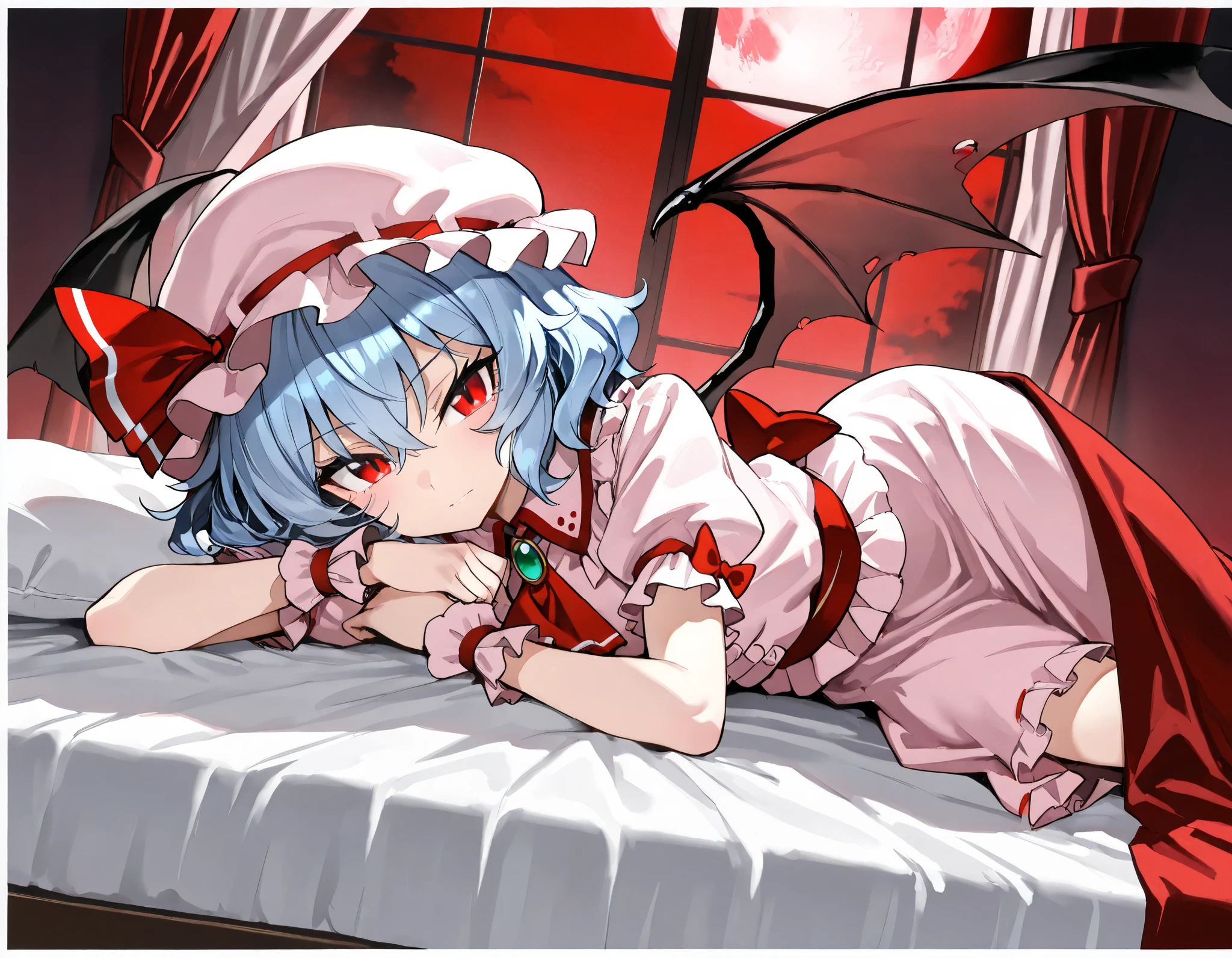 (best quality, highest quality:1.2), masterpiece, top quality, ultra high definition, rich contrasts, HD, 8k, High Definition CG Unit Wallpaper, texture, Unbelievably Absurd, ultra high definition, RAW photos, Deep border:1.2, very detailed,
1girl, solo, Diabolical, newest, highres, absurdres, highly detailed, best quality, lying, bed room,
Anime Girls, blue hair, dress, frills, hat, hat ribbon, mob cap, pink dress, puffy sleeves, red ascot, red eyes, red sash, remilia scarlet, ribbon, sash, short hair, short sleeves, white dress, wings, wrist cuffs,
red full moon, night sky, night, red moonlight, red curtain, window, indoor,
