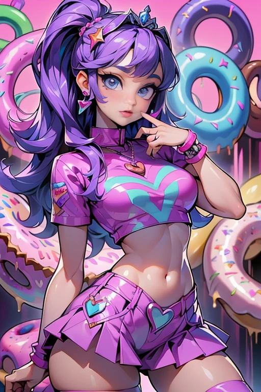 (La best qualityer,A high resolution,ultra - detailed,real),Ariana Grande in a purple skirt and pink blouse in an alley , violet myers, Alex Yanes e Lisa Frank, lisa frank style, dolce , purple outfit, beautiful dolphin, lisa - franca, promotion still,  hot teen, Leslie David e Lisa Frank, in style of lisa frank, in a lisa frank art style, posing in tights and tiara, 8K more detailed.engine unreal:1.4,ultra HD,La best qualityer:1.4, photorrealistic:1.4, texture skin:1.4, Masterpiece artwork:1.8,Masterpiece artwork, best qualityer,object object], (Detailed facial features:1.3),(The correct proportions),(gorgeous blue eyes),  (cowboy pose), (detailed fingers :1.4), (giant donuts background, giant sweets :1.4), (Wet and pissed water) 