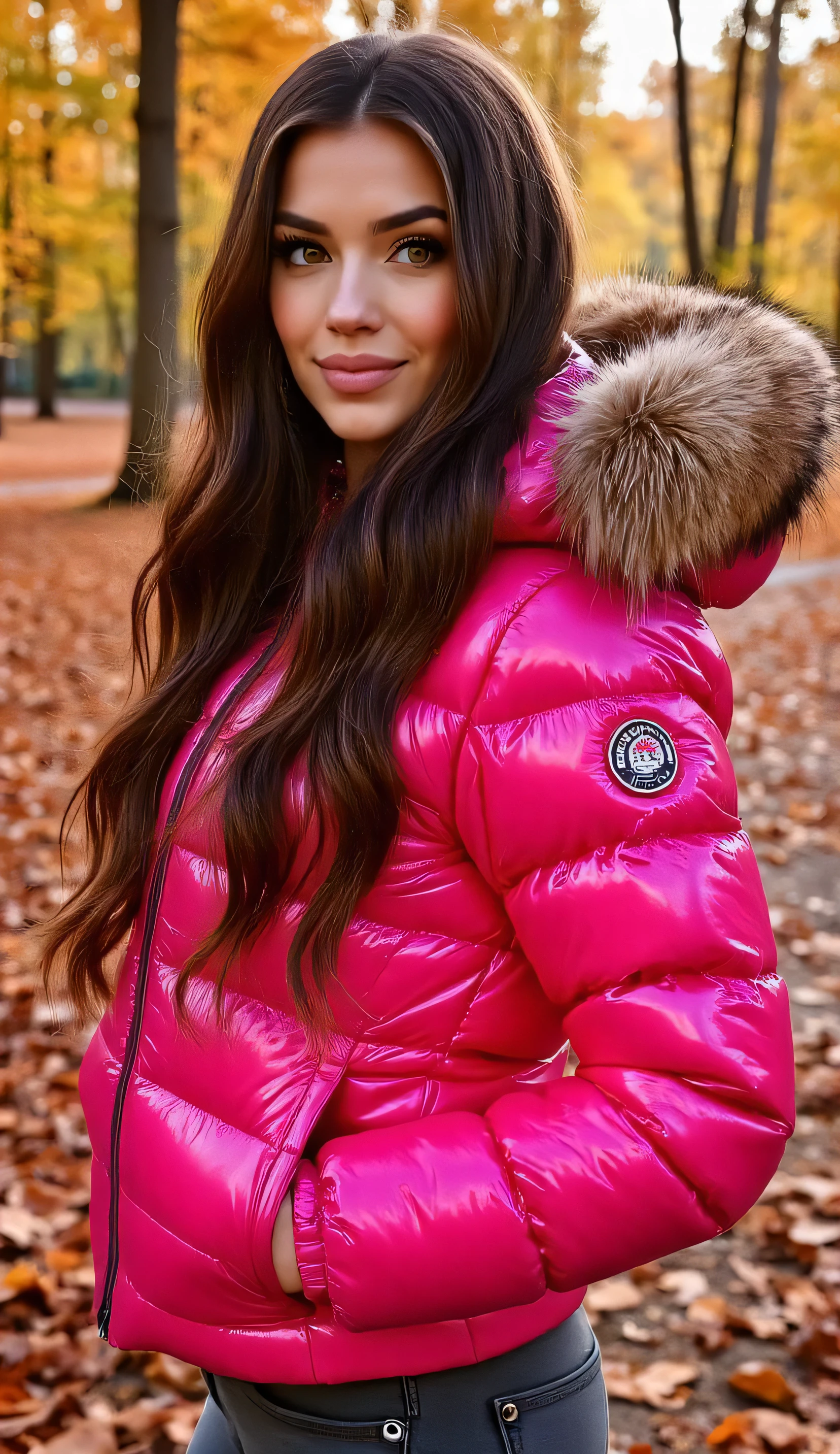 Stunning portrait of an sweet, cute, slim, long haired, European woman. she is outside in a wood, it is a hot summer day. she wear an shiny, completely enclosureable, (hot neon pink,cropped puffer down jacket,by parkasite:1.3), ((very high yoked)). tempting, high detail, realistic, realistic character design, inspiring, intense emotion,  masterpiece, 8k, RAW photo, best quality, ultra high res, photorealistic, cinematic lightning, digital painting, storytelling, high resolution, depth of field, lens flare,   