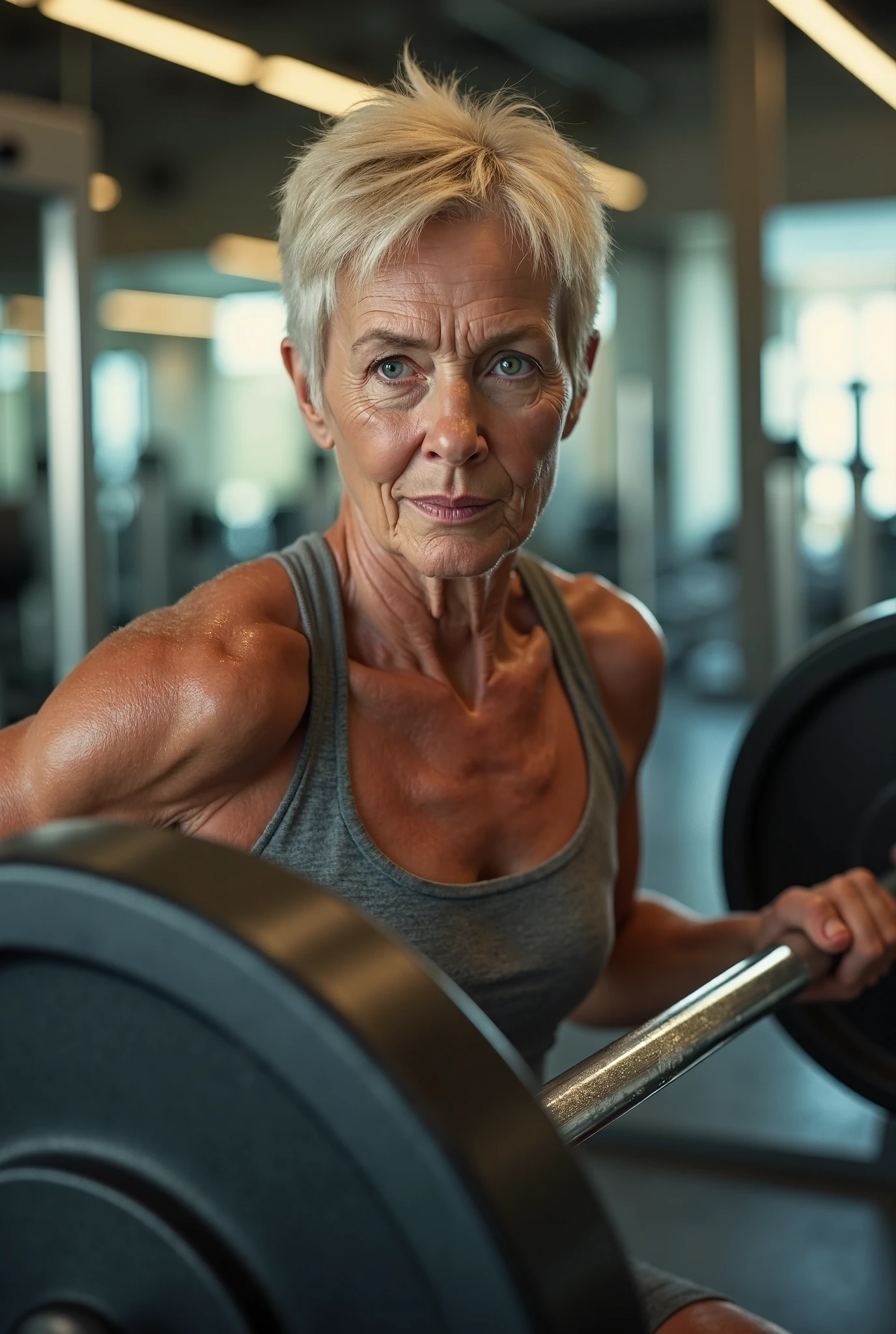 gordo, uma linda mulher de 70 anoaduro), ((wearing a cute gym outfit)),  Realista, Gordinho, rosto liso, Olhos perfeitos, symmetrical, 8K high definition, incrivelmente detalhado, intricado, elegante, arte de David Kostic e Stanley Lau e Artgerm, pele perfeita, lindo atemporal, gordo, maduro, (Seios enormes:0.8),  cabelo grisalho,  pulseiras, batom,  (malhando na academia), linda coxa, on an exercise bike