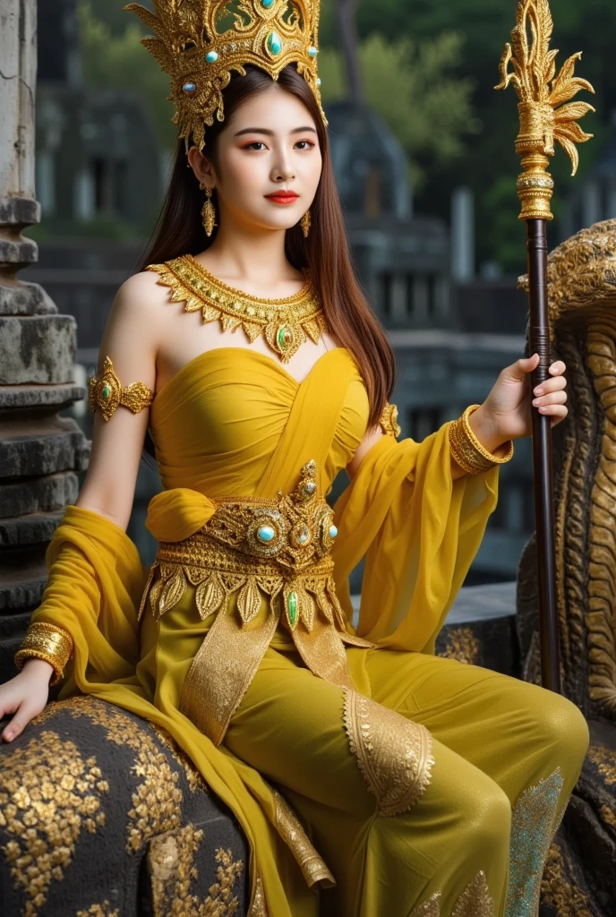 Create a hyper-realistic depiction of Cambodia's Bayon Temple, The girl wear a yellow cloth, ride on tiger, capturing its grand scale and intricate carvings under a moonlit sky. Nearby, a stunning Thai woman clear face focus HD camera appears as an immortal, dressed in traditional attire. She wears a read golden headdress, detailed armor, and a patterned sarong, exuding regal elegance and divine grace. Beside her seat the mythical Naga Raja, the Serpent King of Sacred Rivers. The cobra’s shimmering scales reflect emerald, black, and gold tones, with mandala-like patterns glowing softly on its hood, symbolizing enlightenment. Its movements are smooth, each scale catching rainbow hues like polished gemstones. The cobra’s hood is adorned with a golden jewel resembling a third eye, radiating divine wisdom. Its glowing sapphire eyes and calm power complement the luminous staff it coils around, topped with a crystal orb mirroring the sacred river. Tiny golden anklets on its tail jingle as it moves gracefully. The background is a mystical blend of Cambodia’s natural beauty: the serpent rises from a sacred river surrounded by lush vegetation, majestic mountains, and the grandeur of Angkor Wat. The moonlight casts an ethereal glow over the scene, creating a balance between mythology and the historical splendor of Khmer culture. She look at camera.