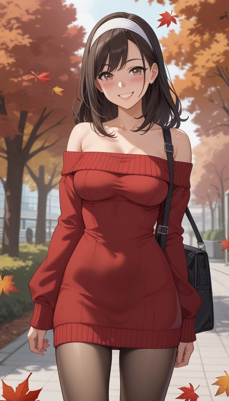 score_9, score_8_up, score_7_up, source_ anime、 top quality、8k、 masterpiece、 super high resolution、 professional lighting、 natural light、 perfect anatomy、 one woman、saggy breasts:1.5、 dark hair、Okuzumi Yuiko、 cute face、smile、 blushes、(tight red sweater dress、 off shoulder )、 miniskirt、 pantyhose、 white headband、( autumn park、 lots of fallen leaves )、 Y-shaped balance