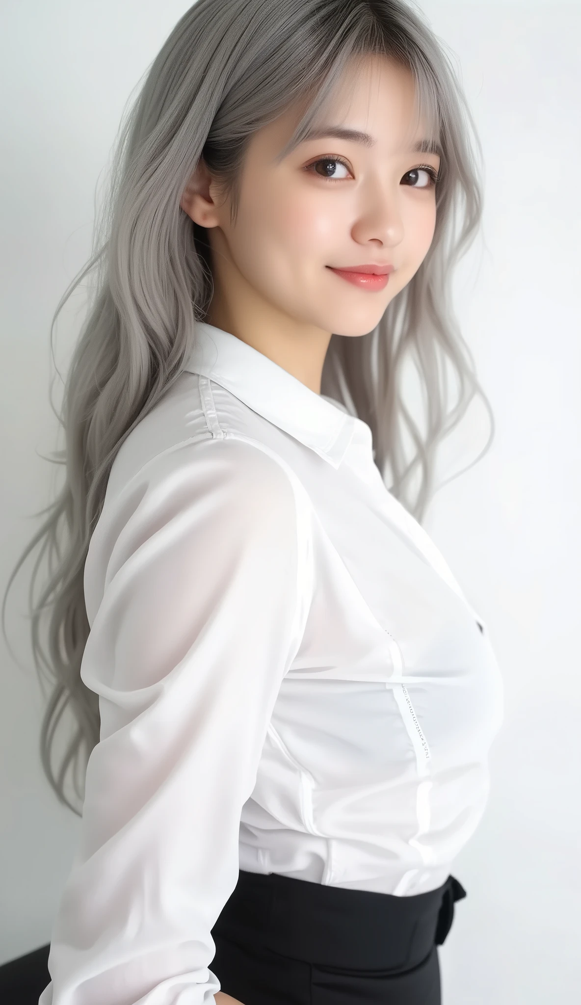 (( masterpiece, top quality)), ( 1 girl), (Alone), ( focused on women), (stupid hair, Gray Hair, very long hair), blond eyes , light smile, Open Your Mouth, (( white shirt), ( buttoned shirt ), ( button gap )), (( black skirt ), ( short skirt)), standing, white background, behind the back of the arm, Big breasts and deep cleavage、 dynamic angle,