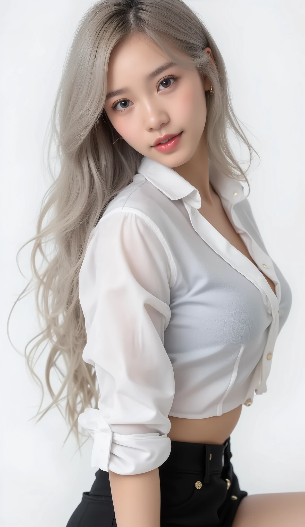 Malay girl very long white shiny hair, wear small floral pastel color shirt and High Waist Plicated Detail Suit Pants , laughing and posing with both hand on top of her head, touching her own white hair, very long white hair, wear backpack, front view, very long wavy white hair, messy hair, hair blown, windy, detail skin, age spot, detail skin texture, mole below eyes, small breast, flat chest, wide hips, small waists, thick thighs, slim abs, beautiful body, nighttime, laughing, happy, bright lighting, college student in background, crowded cafe, blur background, bokeh, camel toe,