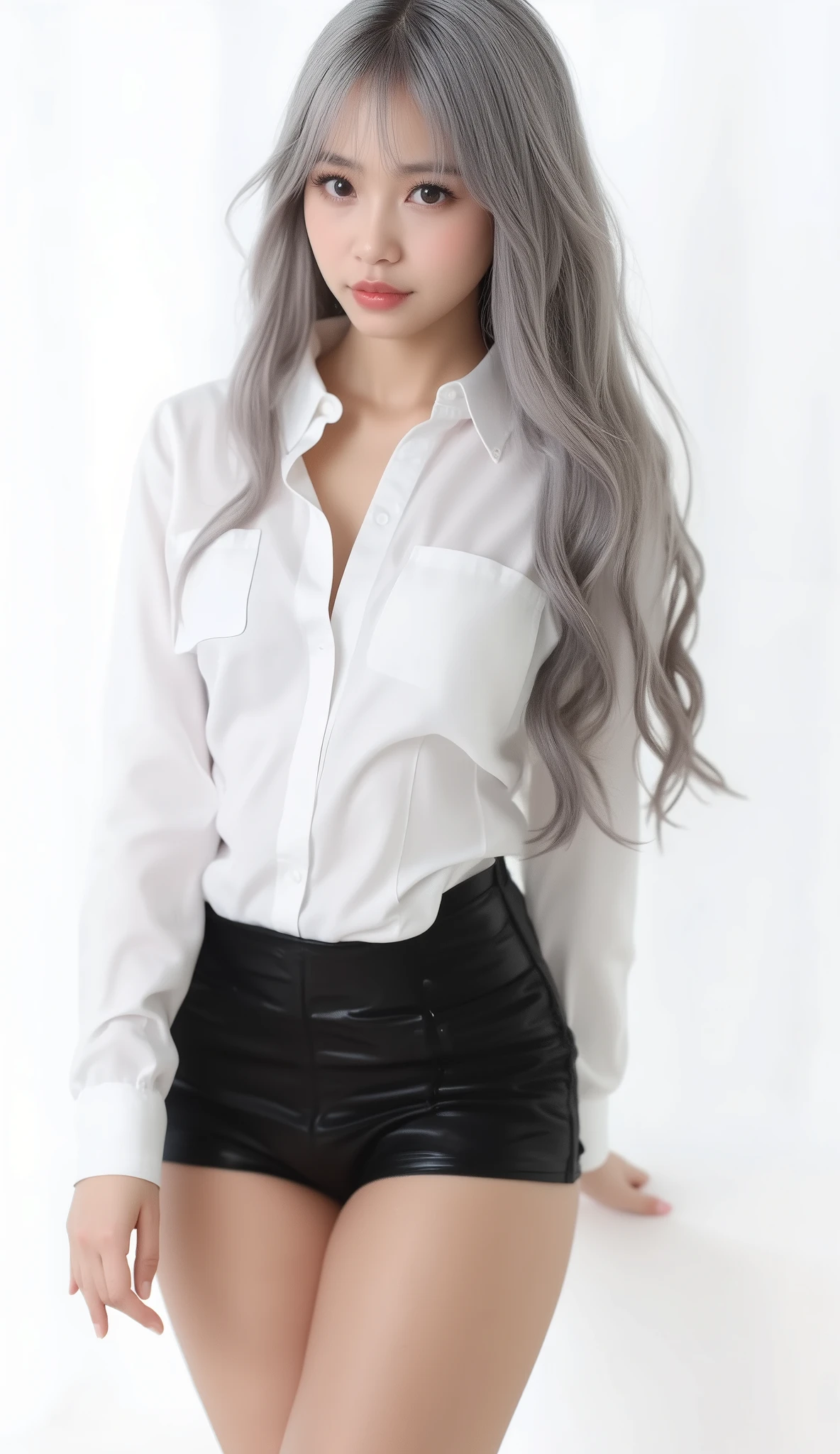 realistic photoshoot ,pale skin, wardrobe malfunction, pretty girl, one girl, attractive whitish light blue eyes, teenager, silver hair, Koko jormungand, business clothing, skirt, realistic photograph, NSFW