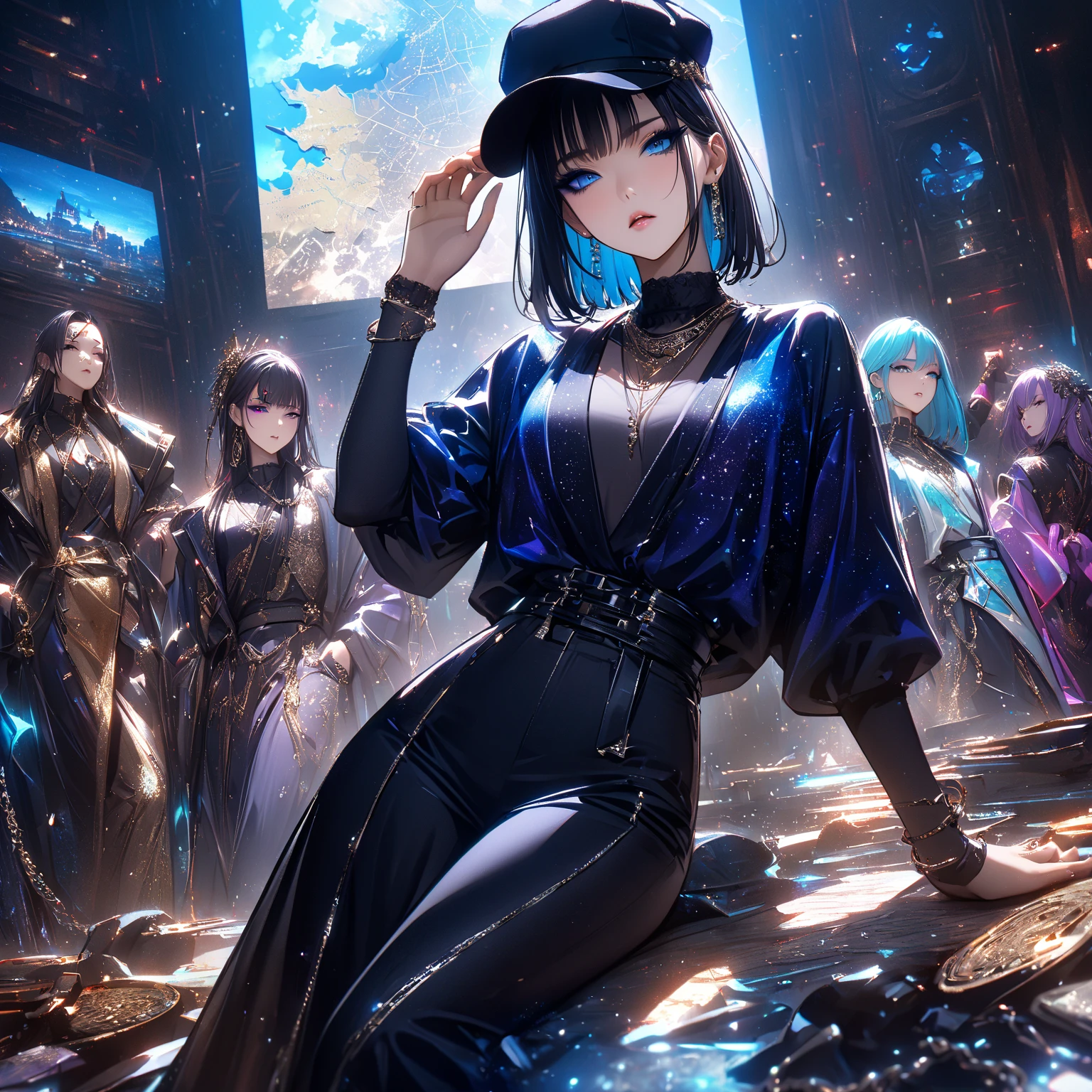 [gangstar] the hero charging ki of power. along with his 7 beautiful warriors. with divine weapons in the form of musical instruments. in a desert. 