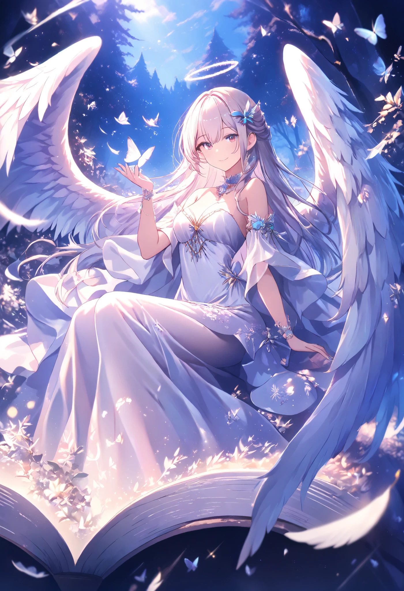 masterpiece, Highest quality, Altosia V4, One girl, alone, White Background, dress, wing, Hello, feathered wing, Angel wing, Angel, multiple wing,