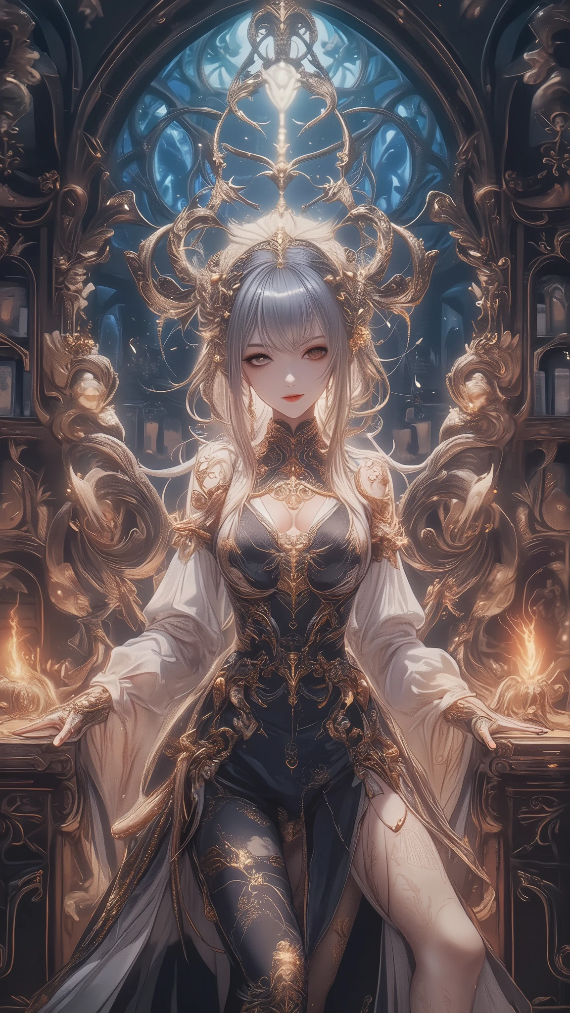 Photos of Japanese female robots in their 20s,Made of white and silver clear glass and plastic, geisha makeup, Black hairstyle, Silver and gold metallic interior, dynamicposes, flowing organic structure, Meticulous carving, Lace design, Glowing gold circuit, Colorful neon lights decoration, Meticulous carving, Lace design, glowing circuitry, neon trim, H'artistically.r. Giger, Greg Rutowski