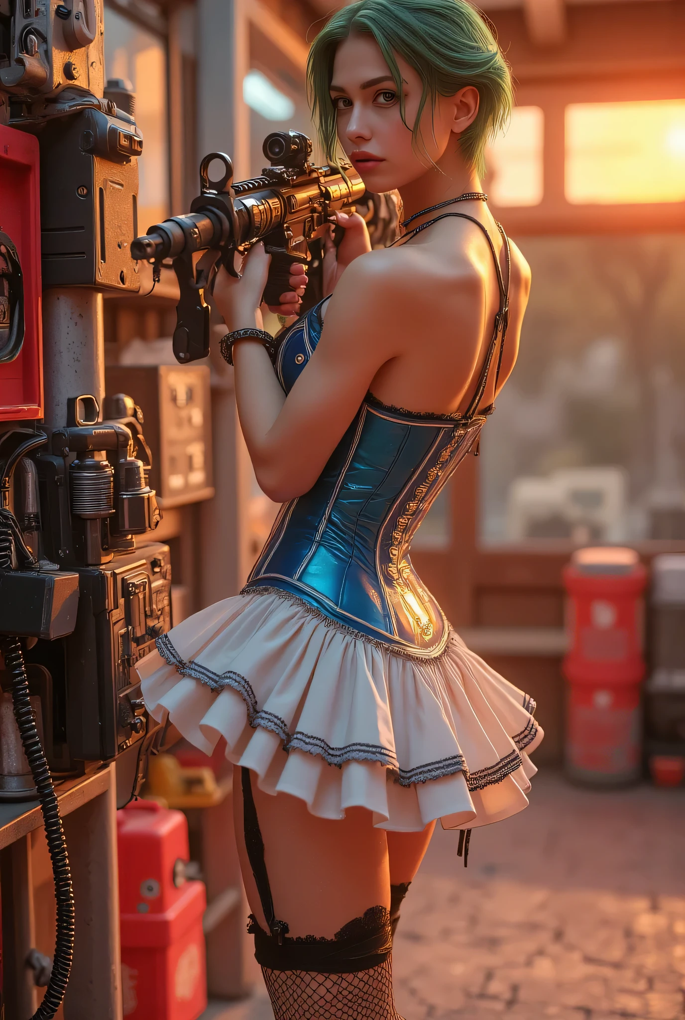 8k, masterpiece, realistic, ((Photorealistic realism)), Hyper high resolution, ((Hyper insanel quality, epic masterpiece, intricately detailed digital art)), ((focus on extremely Realistic Proportion Body:1.3), "Portrait of a woman {((standing in front of a bullet trap at a shooting range, hold one machine gun M16A4 Assault Rifle))}." ((aim at the viewer )),  side view, (((full body shot:1.3))), (ultra-realistic texture details: velvety skin, hair), [(short  hair|green, ((slicked one side))):1.3], ((sharp focus, no blurry eyes, Hyper absurd quality, Hyper details, {Hyper realistic brown eyes:1.4})), ((extra narrow eyebrows)), (Carefully draw Long eyelashes), (perfect round eyes), (finely detailed pupils, (extremely fine details pupils)), ((firm and full breasts:1.32)), {a bold, feminine creation:0.55} with Corset [BDSM ((Tight:1.3))|(Luxurious, shiny blue lace-up latex)], [(((pleated skirt)|Luxurious shiny, white latex:1.28))] and details such as [(lace|black:1.35)], [((lacing|white))], [((mesh stockings|blue))] and [((garters|black))], belt [((silver|chain))]with[((additional military equipment))], (emphasizing her curves and creating a sexy, pretty look, sensual look at the viewer:1.4), {extremely detailed, sharp, clear, photorealistic image with sunrise lighting without shadows, dslr}, sharp image, sharpness and clarity in global illumination, captured by Fujifilm XT3, f 5.6, (perfect composition), HDR, UHD, physically-based rendering, ((vivid colorful)),