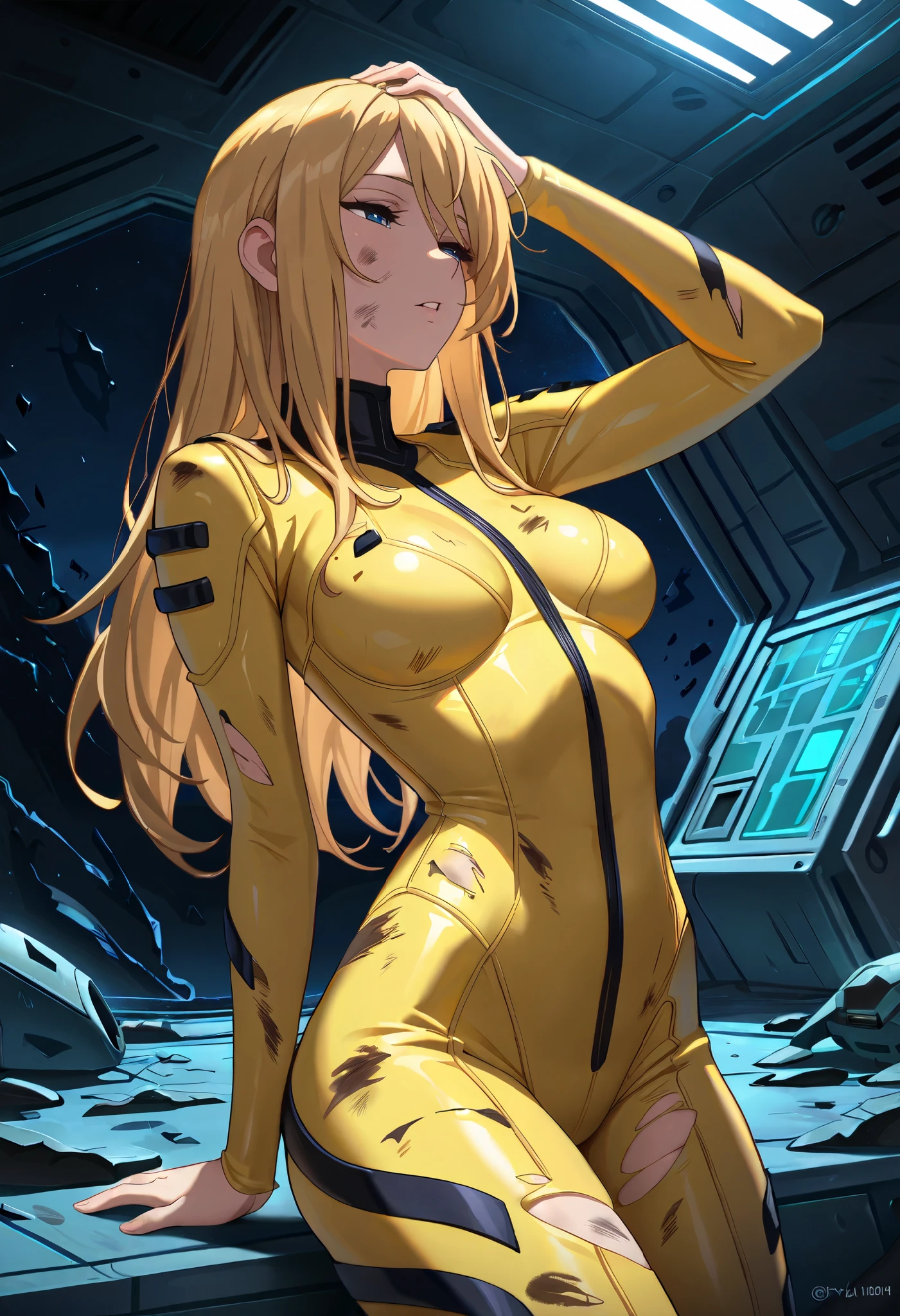 (masterpiece, best quality), , 1girl, fyuk1, solo, blue eyes, half-closed  eyes, blonde hair, long hair, yellow_bodysuit, torn, dirty, a troubled face, parted lips,  leaning back, looking away, hand on own head, broken spacecraft, , night, dark lighting, 