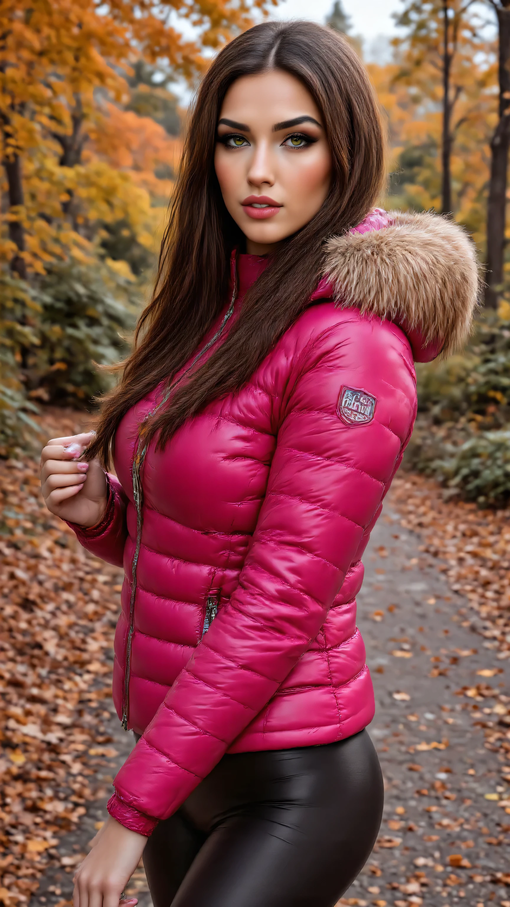 Stunning wallpaper of an sweet, cute, slim, long haired, European woman. she is outside in a wood, it is a hot summer day. she wear an shiny, completely enclosureable, (hot neon pink,cropped puffer down jacket,by parkasite:1.3), ((very high yoked)). tempting, high detail, realistic, realistic character design, inspiring, intense emotion, masterpiece, 8k, RAW photo, best quality, ultra high res, photorealistic, cinematic lightning, digital painting, storytelling, high resolution, depth of field, lens flare,