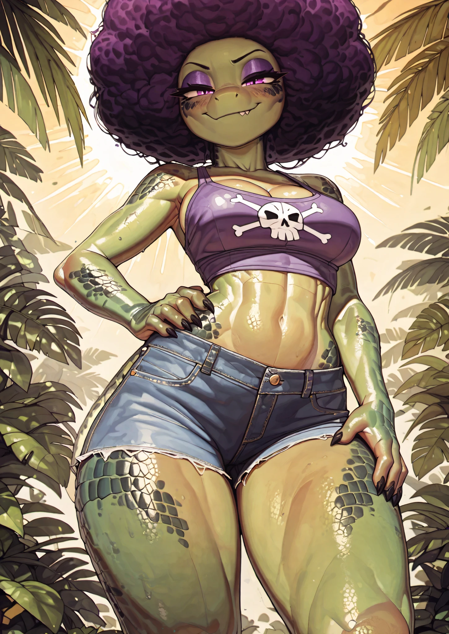 ((kalypso)), ((pixelsketcher)), ((masterpiece)), ((high resolution)), ((solo portrait)), {(scalie), (alligator), (athletic figure), (toned body), (beautiful legs), (green skin), (scales), (purple hair), (curly afro), (black claws), (cute purple eyes), (purple eyeshadow), (smug smirk)}, {(purple tank top), (skull print on shirt), (cleavage), (midriff), (tight blue jeans)}, {(looking at viewer), (hand on hip)}, ((tropical jungle)), ((yellow sky)), ((sun rays))