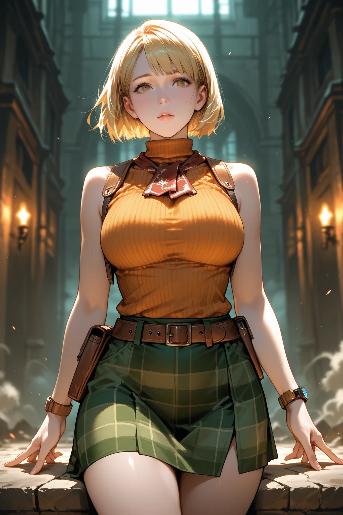 best quality, highres, and18, 1girl, android 18, solo girl, 1girl, blonde hair, blue eyes, belt, high heels, tight black lycra skirt, gold necklace, white blouse, short hair, dark blue sweater, earrings, reading glasses, medium breasts, cowboy shot, mountains, straight-on, (weather: raining and windy), wet body, sexy smile, combat stance, thigh high stockings, garter belt, battle ruins, wide hips, thick legs, torn clothes, closed fists, hair pin,