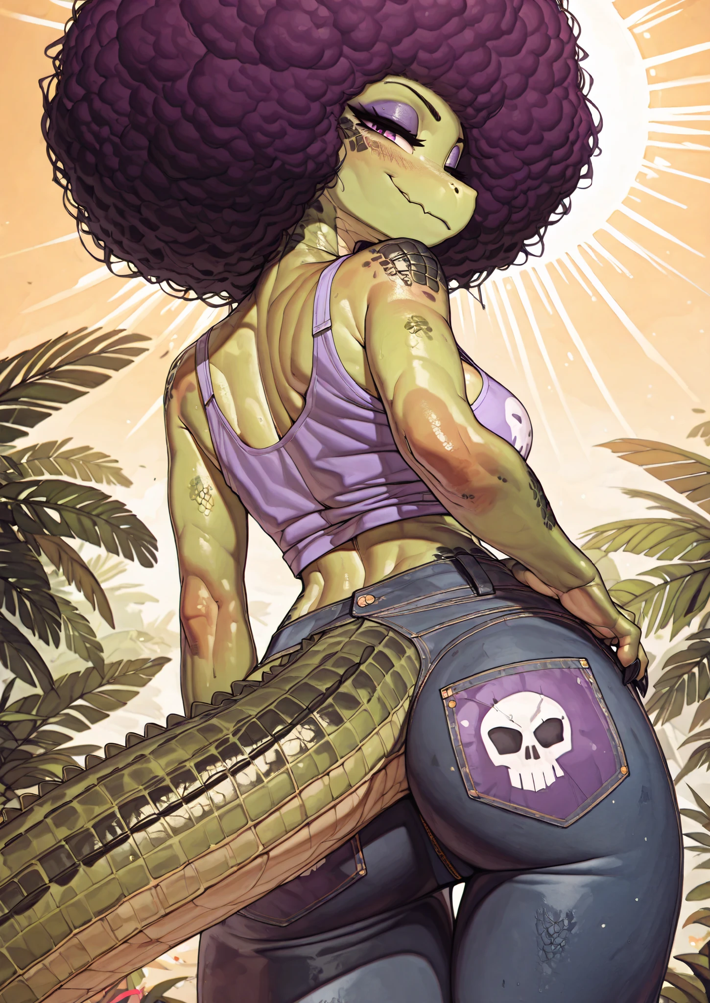 ((kalypso)), ((pixelsketcher)), ((masterpiece)), ((high resolution)), ((solo portrait)), ((back view)), {(scalie), (alligator), (athletic figure), (toned body), (beautiful legs), (green skin), (scales), (purple hair), (curly afro), (black claws), (cute purple eyes), (purple eyeshadow), (smug smirk)}, {(purple tank top), (skull print on shirt), (cleavage), (midriff), (tight blue jeans)}, {(looking back at viewer), (hand on hip)}, ((tropical jungle)), ((yellow sky)), ((sun rays))