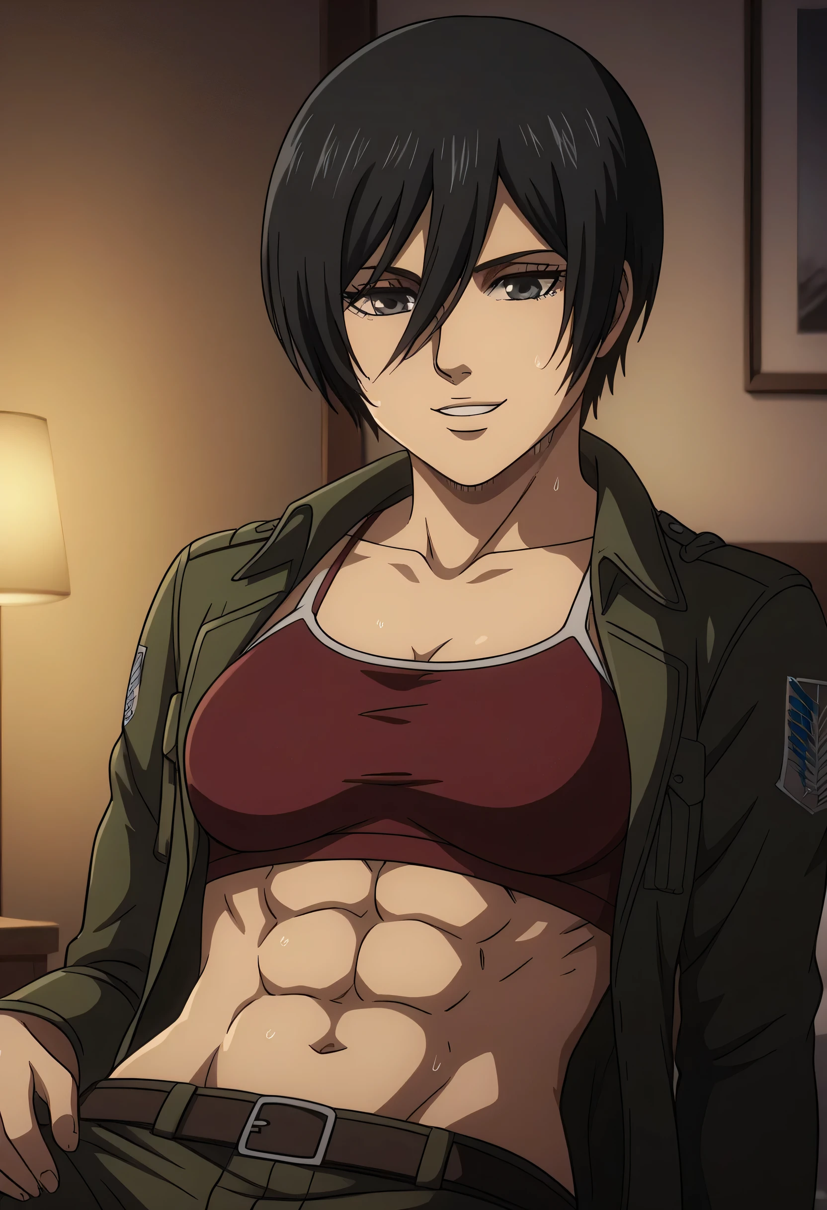 score_9, score_8_up, score_7_up, BREAK source_anime, mikasa ackrman, grey eyes, black hair, short hair, medium breasts,Mikasa wreanig red tight sport Elastic fiber bra and red loose military trousers,mikasa with good looking body,perfect lighting,mikasa final season design,mikasa mappa version,sitting on chair, Perfect generation,mikasa boy hairstyle,mikasa season 4 version,attack on titan graphics,in night,HD wallpaper,perfect matching colors,pixie cut hairstyle,fighting face,,Sweat body,mikasa flat stomach,mikasa only six-pack,normal body size,anime style,tone six-pack,attack on titan season 4 style,upper body,close review to character,bra design as tank top, mikasa handsome face,in bedroom,light trun off in room,mikasa alone in room,solo,1girl, serratus anterior muscles,Qblique muscles,female navel,teeth appear at smile,too white skin,fixing graphics,mikasa perfect face,wearing long sleeves green jacket