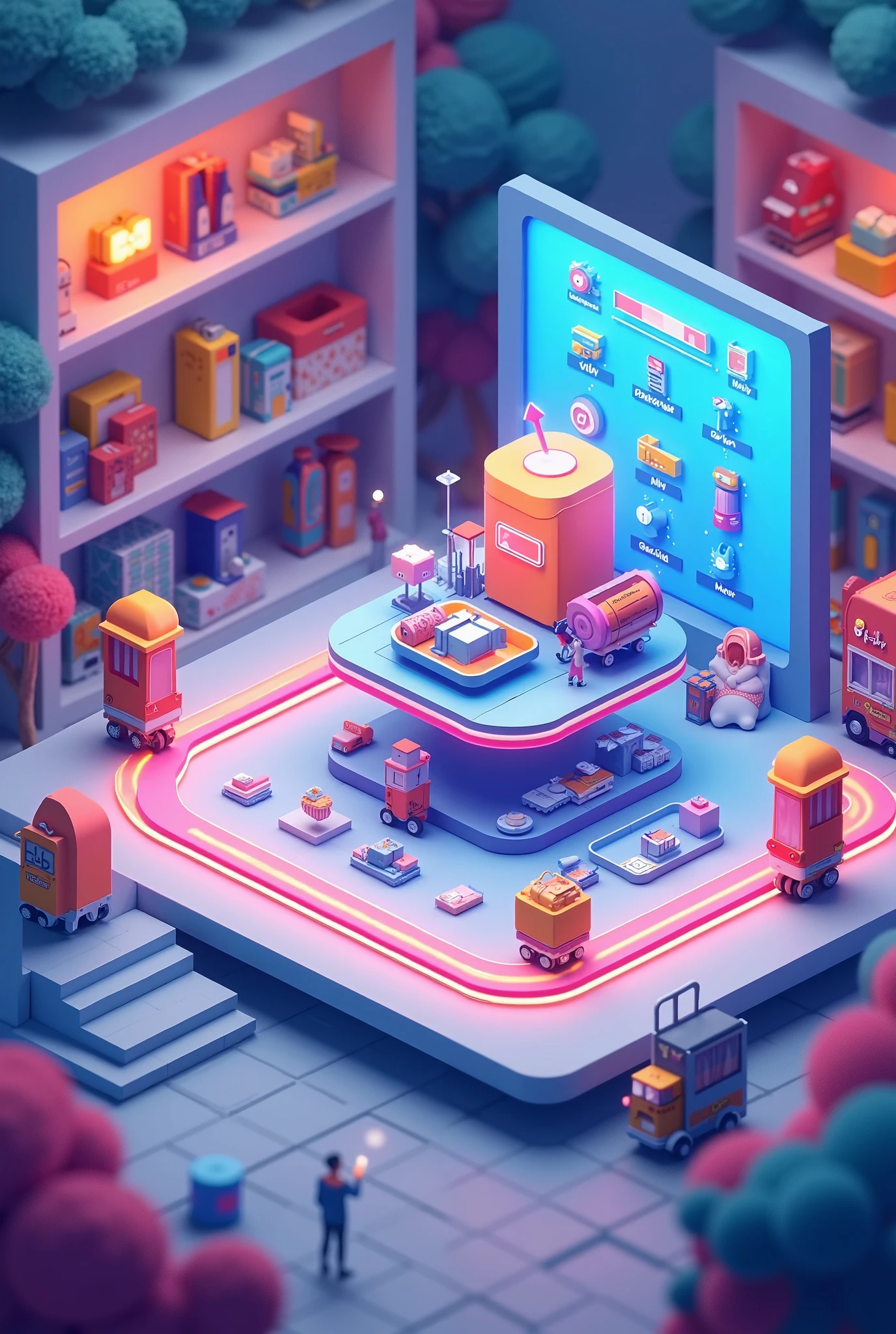 masterpiece, best quality, toon, 3d, cyberpunk style, (arcade console game), (bar), (coffee shop), (vending machine), futuristic