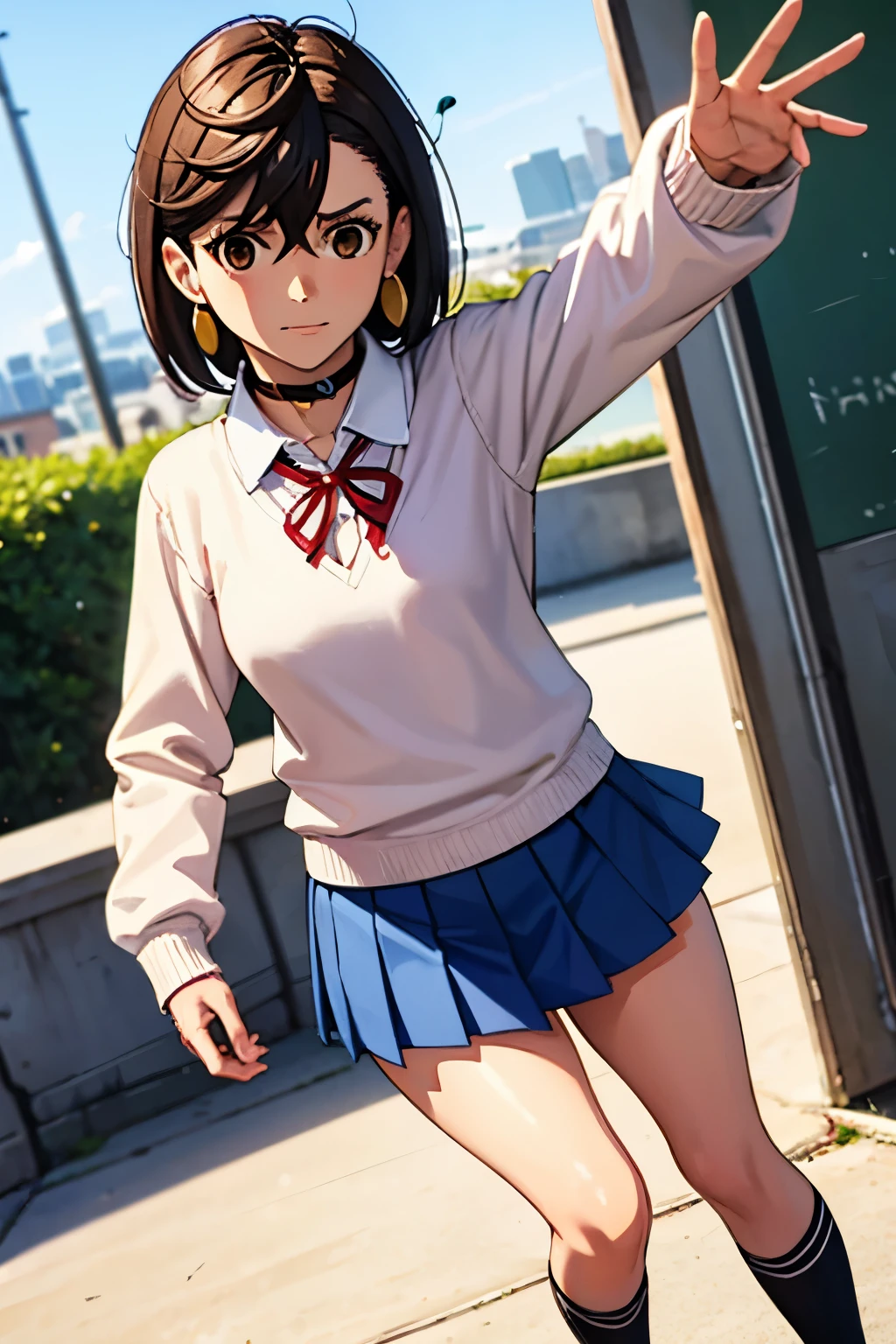  score_9,  score_8_up,  score_7_up,  source_Anime,  BREAK 1 GIRL,  Watch viewers,  outdoors, scenery,  green,  blurry background,  Dutch Angle, v Pose, Armpits Closed , School, Ayase Momo,  brown hair,  SHORT HAIR,  hair between eyes,  Asymmetric Bangs  ,  brown eyes,  earrings,  BLACK CHOKER, School uniform,  white collared shirt,  pink sweater,  Long Sleeve,  red ribbon,  blue skirt from crotch,  miniskirt,  white socks,  loose socks,  brown footwear , 