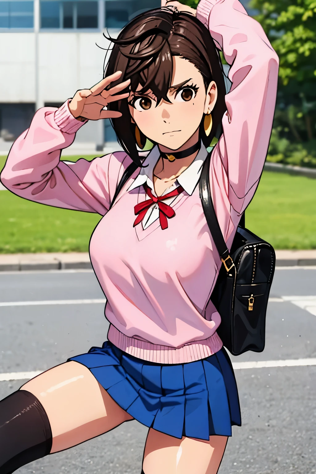 score_9, score_8_up, score_7_up, source_Anime, BREAK 1 GIRL, Watch viewers, outdoors, scenery, green, blurry background, Dutch Angle, v Pose, Armpits Closed , School, Ayase Momo, brown hair, SHORT HAIR, hair between eyes, Asymmetric Bangs , brown eyes, earrings, BLACK CHOKER, School uniform, white collared shirt, pink sweater, Long Sleeve, red ribbon, blue skirt from crotch, miniskirt, white socks, loose socks, brown footwear ,