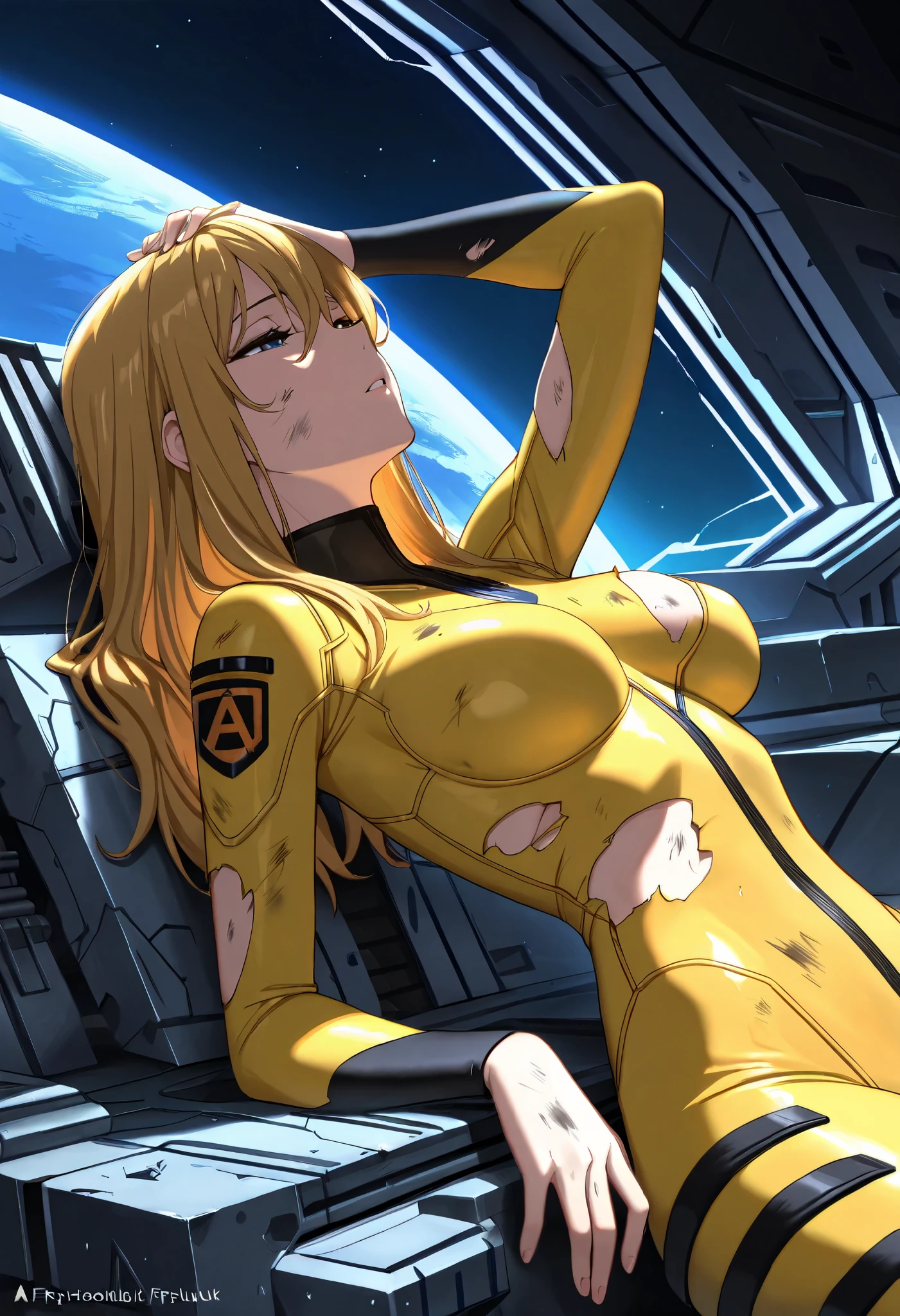 (masterpiece, best quality), , 1girl, fyuk1, solo, half-closed  eyes,  long hair, yellow_bodysuit, torn, dirty, a troubled face, parted lips,  leaning back, looking away, hand on own head, broken spacecraft, , night, dark lighting, 