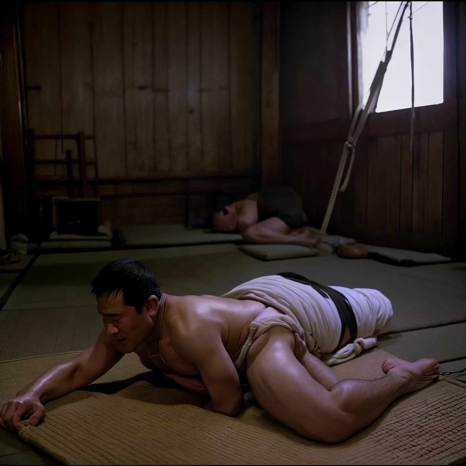 （male people），seventy years old，Strong build，（spread their legs），No clothing，（sexy panty），In old Japanese houses，On tatami，large bulge，Hands tied behind their backs，The crotch faces the camera，The camera is focused on the crotch，High fidelity，Raised sexy，