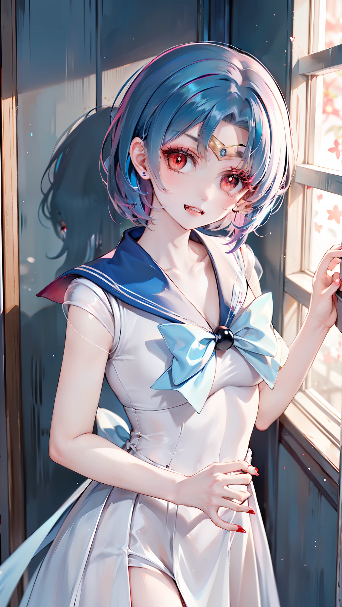 top quality, high res, Dark Fantasy Art 。 2 girls、 she smiles , Sailor Moon's private room with yellow hair ponytail。 the door is locked Mari , no one can get in from outside 。 there are only 2 people in the room , the incident begins in silence 。
Sailor Mercury, who hid her return after becoming a member of an enemy organization and became a vampire, slowly approaches Sailor Moon。 returns to its original form as a vampire that turns red like blood、( eyes that start to dye red , The vertical black pupils are narrowed , looking at the wall behind her back 。 blue hair tips , It changes to red like blood。 you lose your escape , and the tips turn deep red , changes to red like blood 。 sharp fangs peeking through your mouth ,The blue uniform changes to a jet black sailor uniform:1.4) whispering while slowly tracing her lips with her tongue 。
『 hey... I want your blood 』 with 。
Sailor Moon noticed something wrong with her, Xu々 where the scent drifts 。Stop , cornered by a wall, stop... 。『 and a sweet, low voice !』 your finger nails grow and make your voice tremble , Lost power, I can't move。 I'm caught by her strangely glowing eyes , I feel short of breath。
her fingers lift Sailor Moon's chin, slowly exposing her neck 。 a cold breath touches her neck , and a staring feeling runs down my back 。 sharp fangs are quiet It sinks into the skin , faintly red blood oozes 。 Sailor Moon trembles slightly, try faint resistance, but , I can't put any strength into it。 her fingers are turned around her hips , gently supported so she can't escape 。
the air inside the room becomes heavy , something sweet Her expression turns fearful to 。( crimson butterflies dance quietly outside the window , the moonlight shines in dim )。 Shadows of the two people reflected , Sailor Moon's Consciousness Is Fading, she smiles satisfactorily and sinks even deeper 。