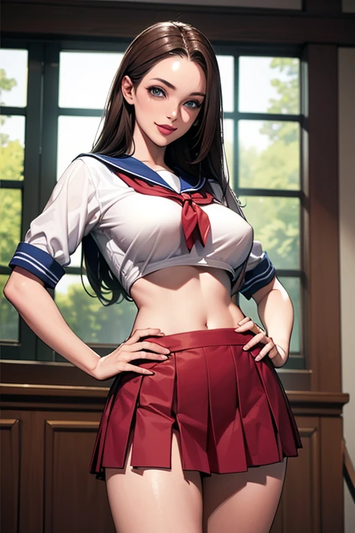 (((master piece,Best Quality,highest quality,Ultra-detailed,ultra high resolution,extremely detailed CG unity 8k wallpaper,Illustration,Detailed skin,Shiny skin,Realistic,Beautiful detailed eyes,luscious eyes,striking eyes,Perfect Anatomy, gleaming skin))),oily skin,1girl in,  school uniform, serafuku, pleated skirt, sailor collar, white shirt,schooltights,pumps    ,(((red shine lips))),Fishnet tights ,(((cowboy shot))),(((half updo,red lips))),large breast,
