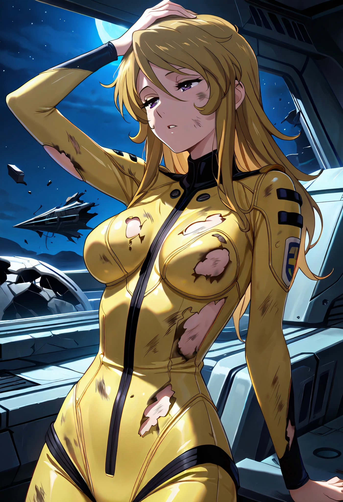 (masterpiece, best quality), , 1girl, fyuk1, solo, mori yuki, blonde hair, purple eyes, half-closed  eyes,  long hair, yellow_bodysuit, torn, dirty, a troubled face, parted lips,  leaning back, looking away, hand on own head, broken spacecraft, , night, dark lighting, 