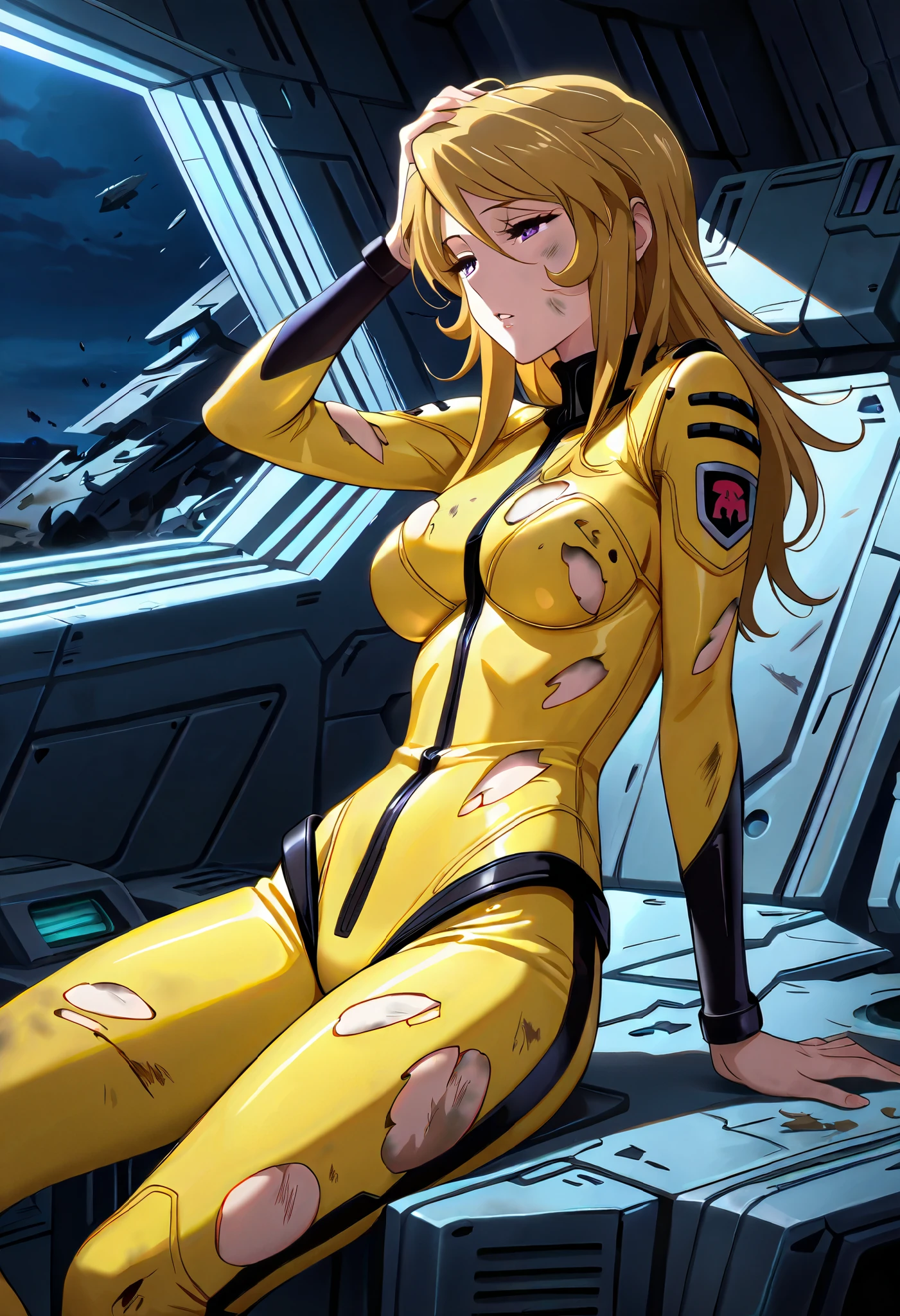(masterpiece, best quality), , 1girl, fyuk1, solo, mori yuki, blonde hair, purple eyes, half-closed  eyes,  long hair, yellow_bodysuit, torn, dirty, a troubled face, parted lips,  leaning back, looking away, hand on own head, broken spacecraft, , night, dark lighting, 