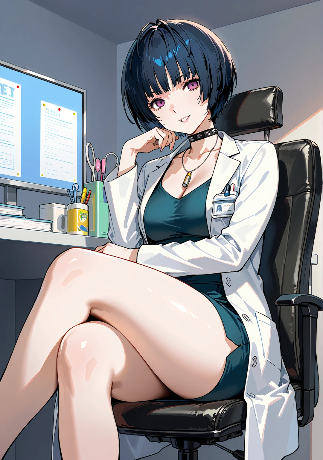 ((best quality)), ((highly detailed)), masterpiece, (detailed eyes, deep eyes), (1girl), (glasses), cowboy shot, <lora:hairdetailer:.7>, <lora:taeTakemiPersona5_v10:1>, Tae Takemi, dark blue hair, short hair, bob-cut, blunt bangs, (brown eyes), necklace, studded collar, dress, black dress, short dress, ((labcoat)), red belt, strappy black platform high heels, office chair, swivel chair, holding a clipboard, at a clinic, (at a cafe, coffee), <lora:EnvyBeautyMix27:1>