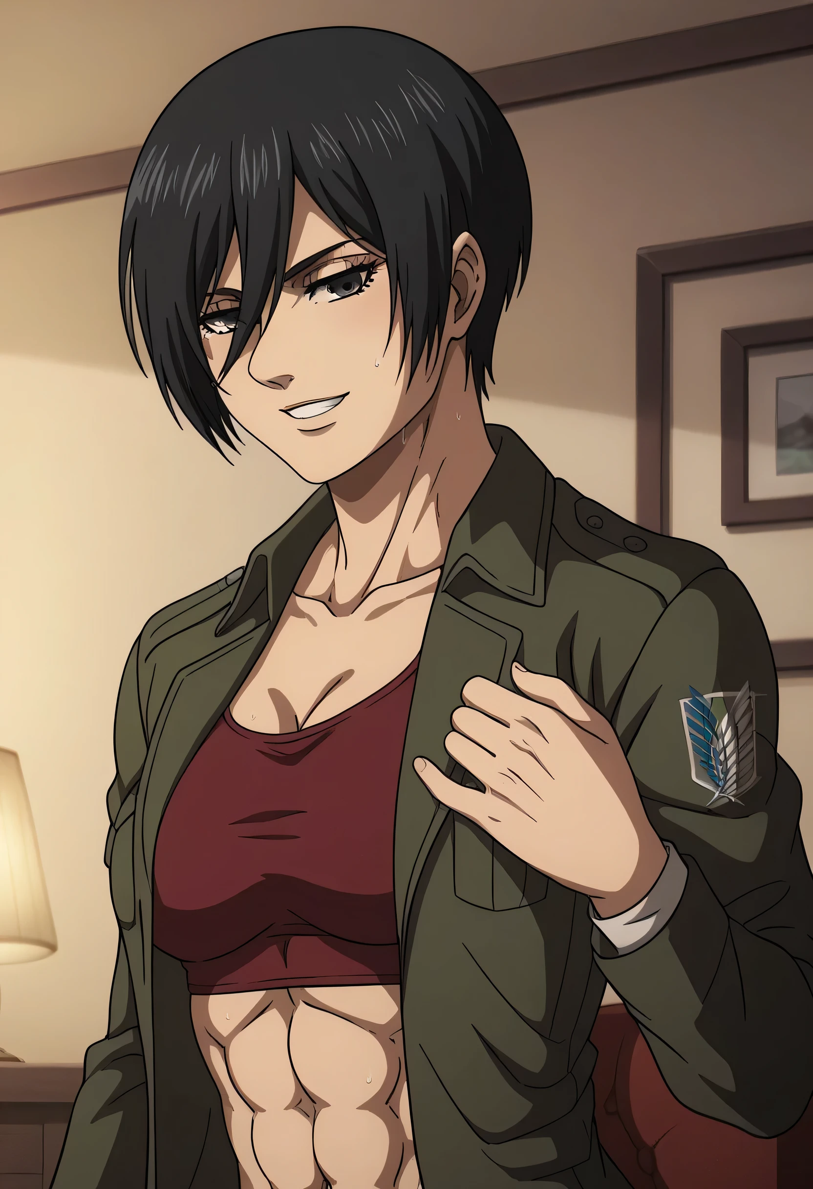 score_9, score_8_up, score_7_up, BREAK source_anime, mikasa ackrman, grey eyes, black hair, short hair, medium breasts,Mikasa wreanig red tight sport  Elastic  fiber  bra and red loose military trousers,mikasa with good looking body,perfect lighting,mikasa final season design,mikasa mappa version,sitting on  chair, Perfect generation,mikasa boy hairstyle,mikasa season 4 version,attack on titan graphics,in night,HD wallpaper,perfect matching colors,pixie cut hairstyle,fighting face,,Sweat body,mikasa flat stomach,mikasa only six-pack,normal body size,anime style,tone six-pack,attack on titan season 4 style,upper body,close review to character,bra design  as tank top, mikasa handsome face,in bedroom,light trun off in room,mikasa alone in room,solo,1girl, serratus anterior muscles,Qblique muscles,female navel,teeth appear at smile,too white skin,fixing graphics,mikasa perfect face,wearing long sleeves green jacket,wearing full jacket,office jacket for Survey Corps,very long jacket tall